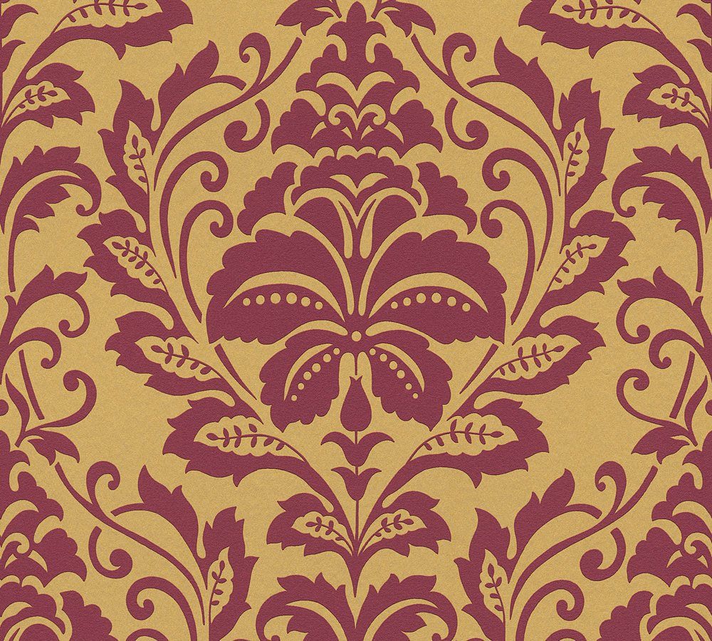Profhome Vliestapete 369103-GU, glatt, botanisch, glänzend, ornamental, Barock-Style, (1 Rolle, 5,33 qm), Vinyltapete auf Vliesbasis, gold, rot