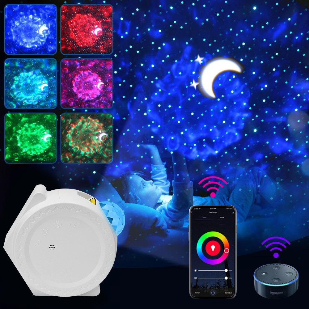Rosnek LED Nachtlicht Smart Wifi, 6 Farben Licht, für Schlafzimmer Weihnachten Party, 6 Farben Licht, LED Sternenhimmel Projektor, mit Wasserwellen-Effekt, APP Steuerung