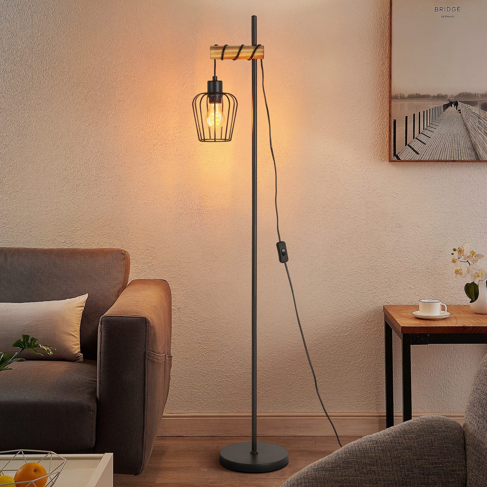 Stehlampe Wohnzimmer Holz E27 Stehleuchte Vintage Schwarz Metall 152cm