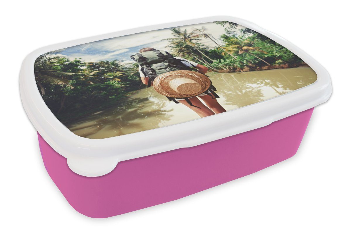 MuchoWow Erwachsene, Lunchbox für Dschungel Mädchen, Reisen - - (2-tlg), Kunststoff, Brotbox Wasser, Snackbox, Kunststoff Kinder, Brotdose rosa