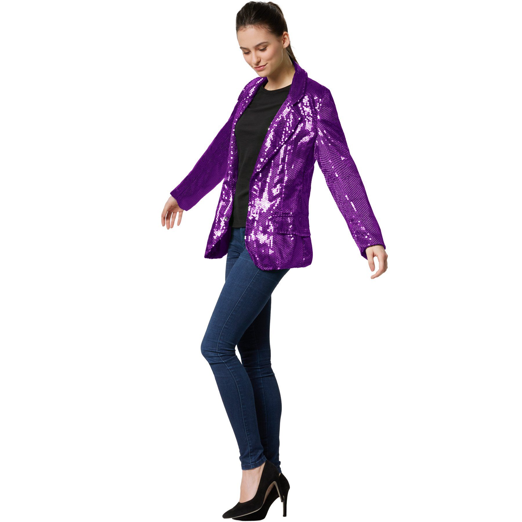 dressforfun Blouson Kurzjacke, Für viele Outfits und Anlässe, Ziertaschen an den Seiten (Bundjacke, Konfektionsgröße S in lila) Damen-Jackett mit glitzernden Pa – Bild 3 von 5