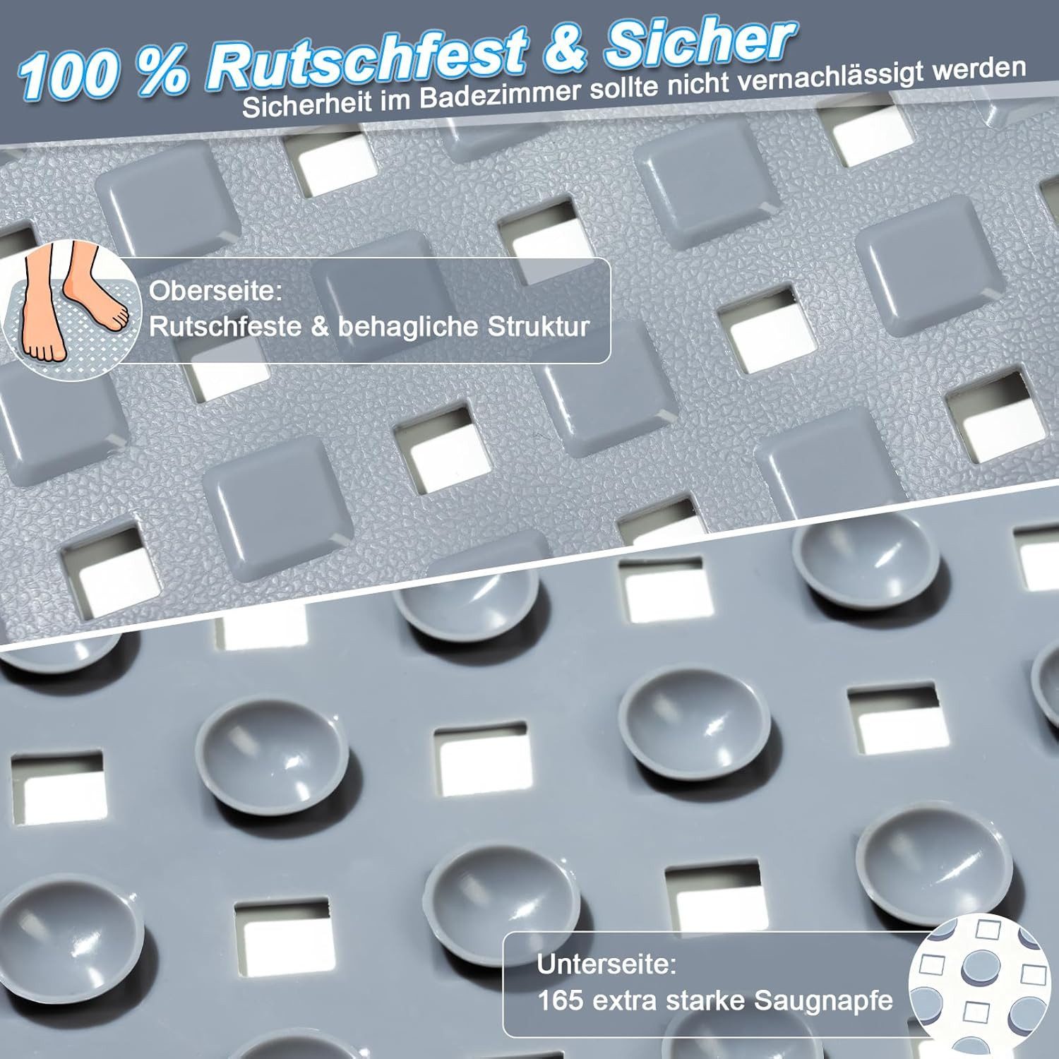 Forrlite Antirutschmatte Rutschfeste Duschmatte 53x53 cm, schimmelresistent & hautfreundlich, Duschmatte rutschfest, schimmelresistente Antirutschmatte Dusche Duscheinlage rutschfest mit Saugnäpfen 100% BPA-frei, maschinenwaschbar, für Dusche und Badewanne, 53x53cm, Hautsensitiv