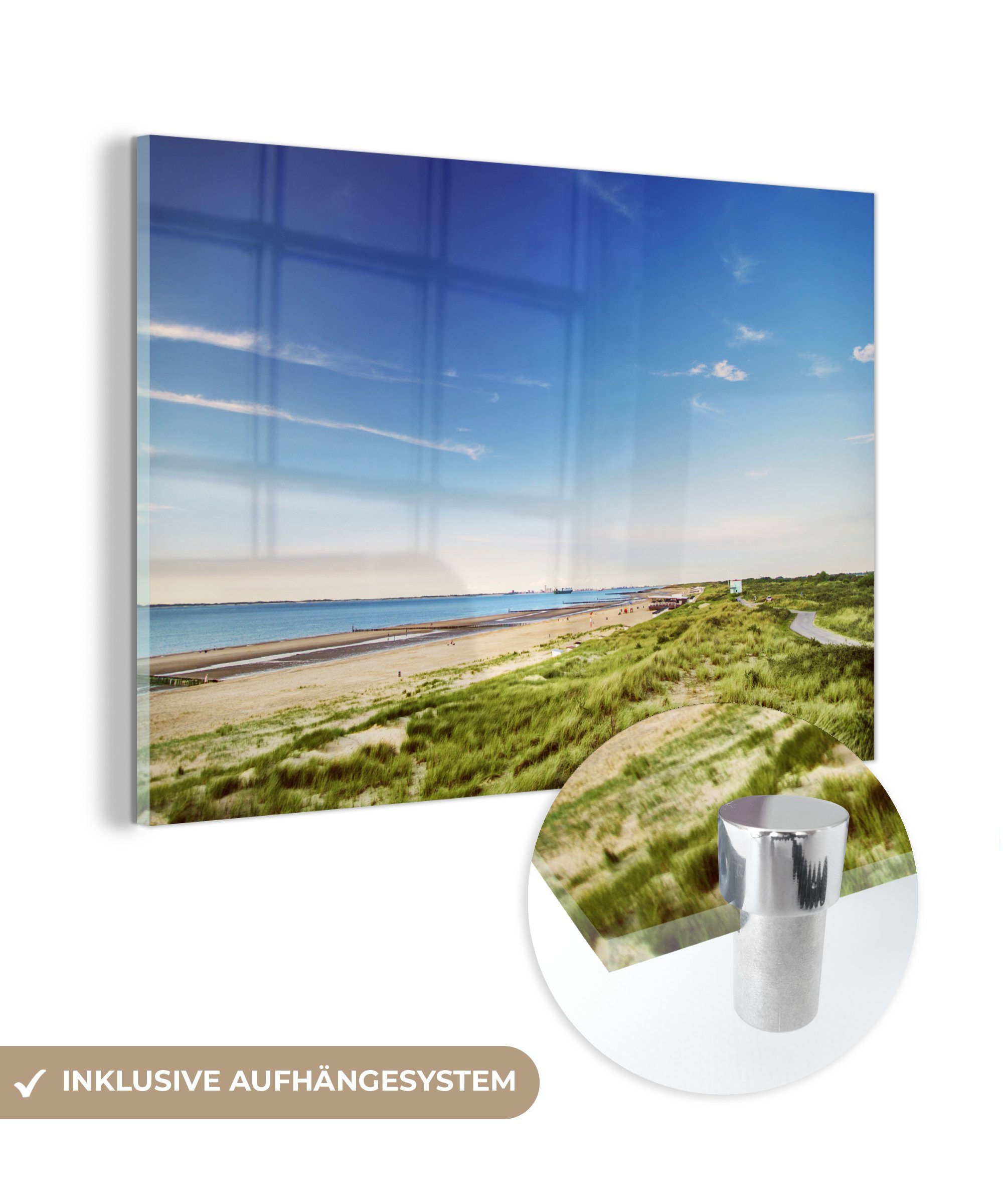 MuchoWow Acrylglasbild Strand - Düne - Grün, (1 St), Glasbilder - Bilder auf Glas Wandbild - Foto auf Glas - Wanddekoration