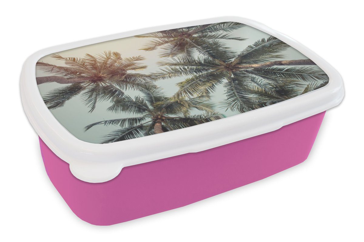 MuchoWow Lunchbox Palme rosa Brotbox Kunststoff Brotdose Kinder, Kunststoff, Sommer Mädchen, - für (2-tlg), Snackbox, Erwachsene, - Tropisch