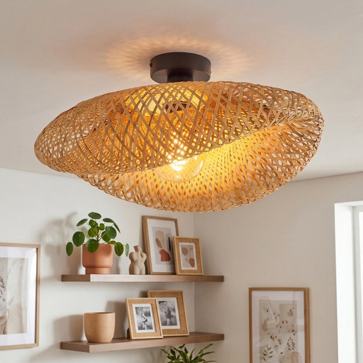 hofstein Deckenleuchte Deckenlampe aus Metall/Bambus in Schwarz/Naturfarben mit Lichteffekt, ohne Leuchtmittel, Deckenleuchte im modernen Retro/Vintage/Boho-Design, Höhe 20 cm, E27