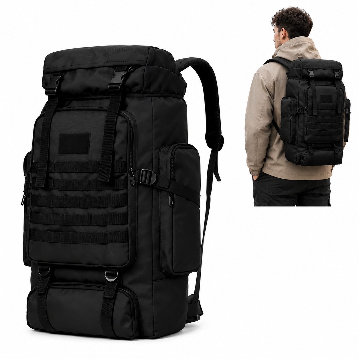 ibettertec Reiserucksack Großer Outdoor Rucksack 60L Trekking Wanderrucksack Schwarz (Wasserabweisender Reiserucksack, mit ergonomischem Tragesystem), für Camping, Wandern und Outdoor-Abenteuer