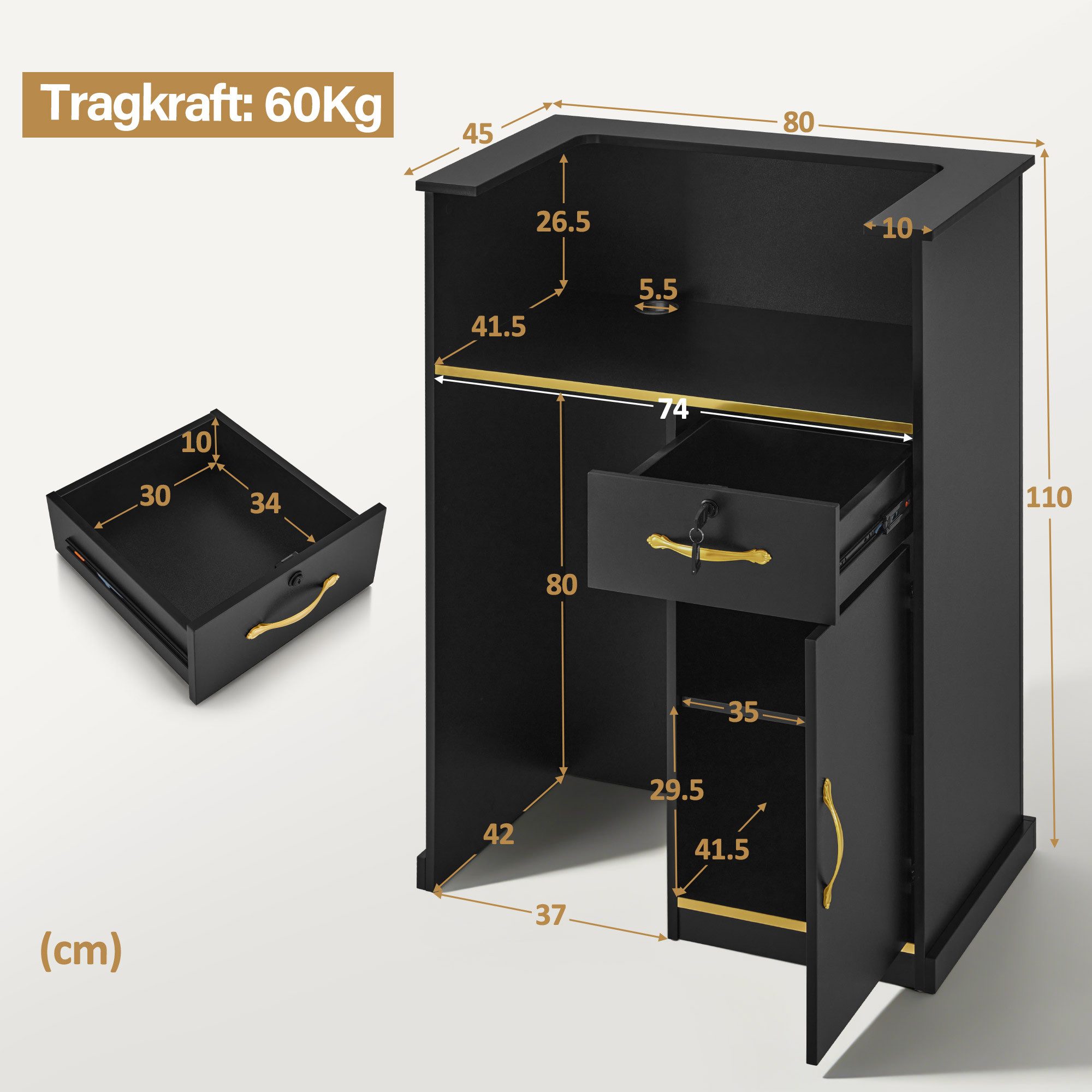 Barberpub Empfangstheke BarberPub Empfangstheke mit 1 Schublade, Rezeptionstisch Schwarz R9788, Rezeptionstheke Schmal, mit 1 Schublade & 1 Schrank