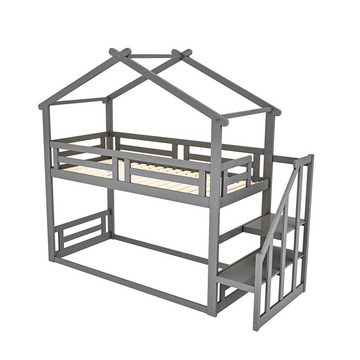 Ulife Etagenbett Kinderbett Holzbett mit Sicherheitstreppe 90x200cm, Etagenbettgestell aus Massivholz mit Lattenrost