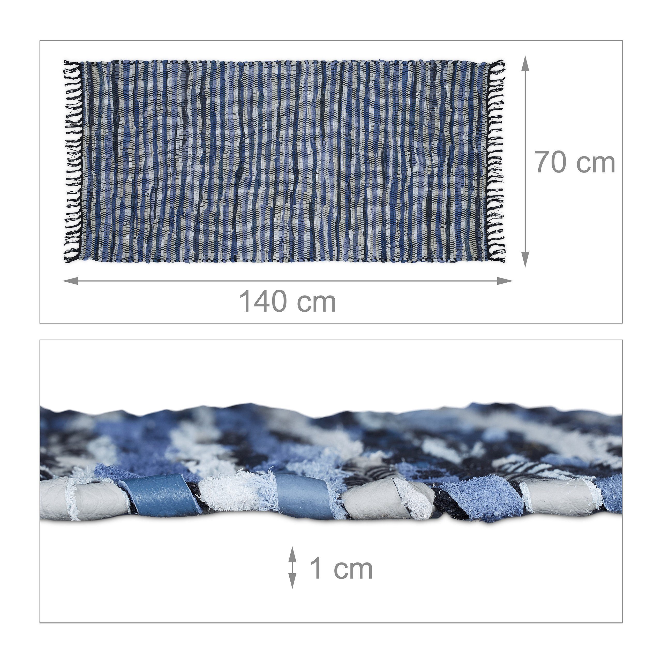 Grau Läufer Blau, Schwarz Höhe: Flickenteppich Leder & Blau relaxdays, mm, 70x140cm 10 Baumwolle,
