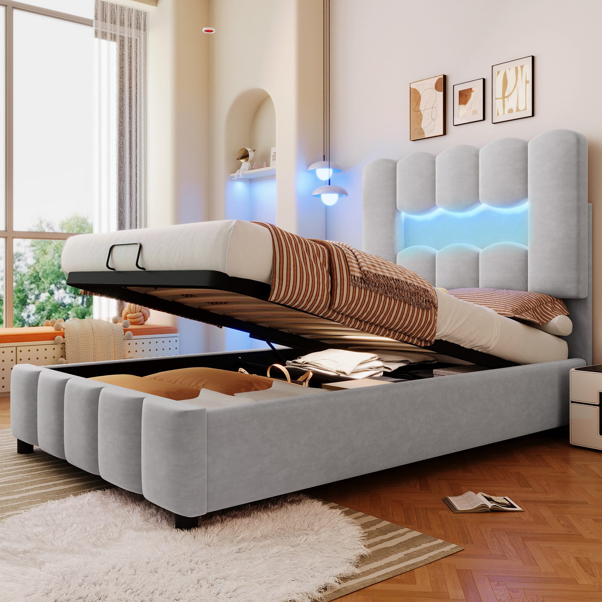 TavilaEcon Boxspringbett Polsterbett mit Hydraulikvorrichtung und verstellbarem Kopfteil (1-St), mit LED-Beleuchtung, ohne Matratze, 90×200cm