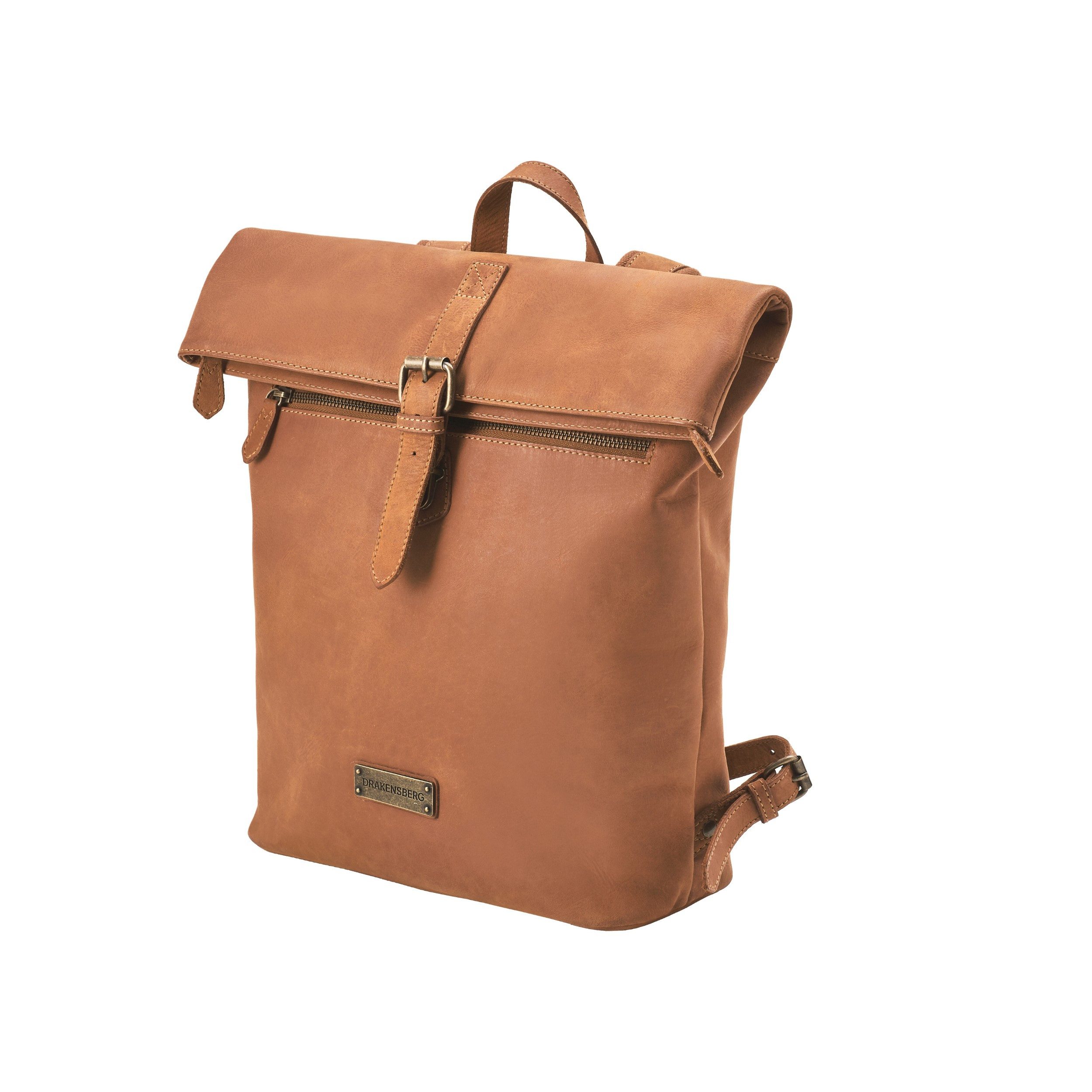 DRAKENSBERG Tagesrucksack Roll-Top »Paula« Cognac-Braun, Damen, eleganter Kurier-Rucksack aus Leder mit 15" Laptopfach