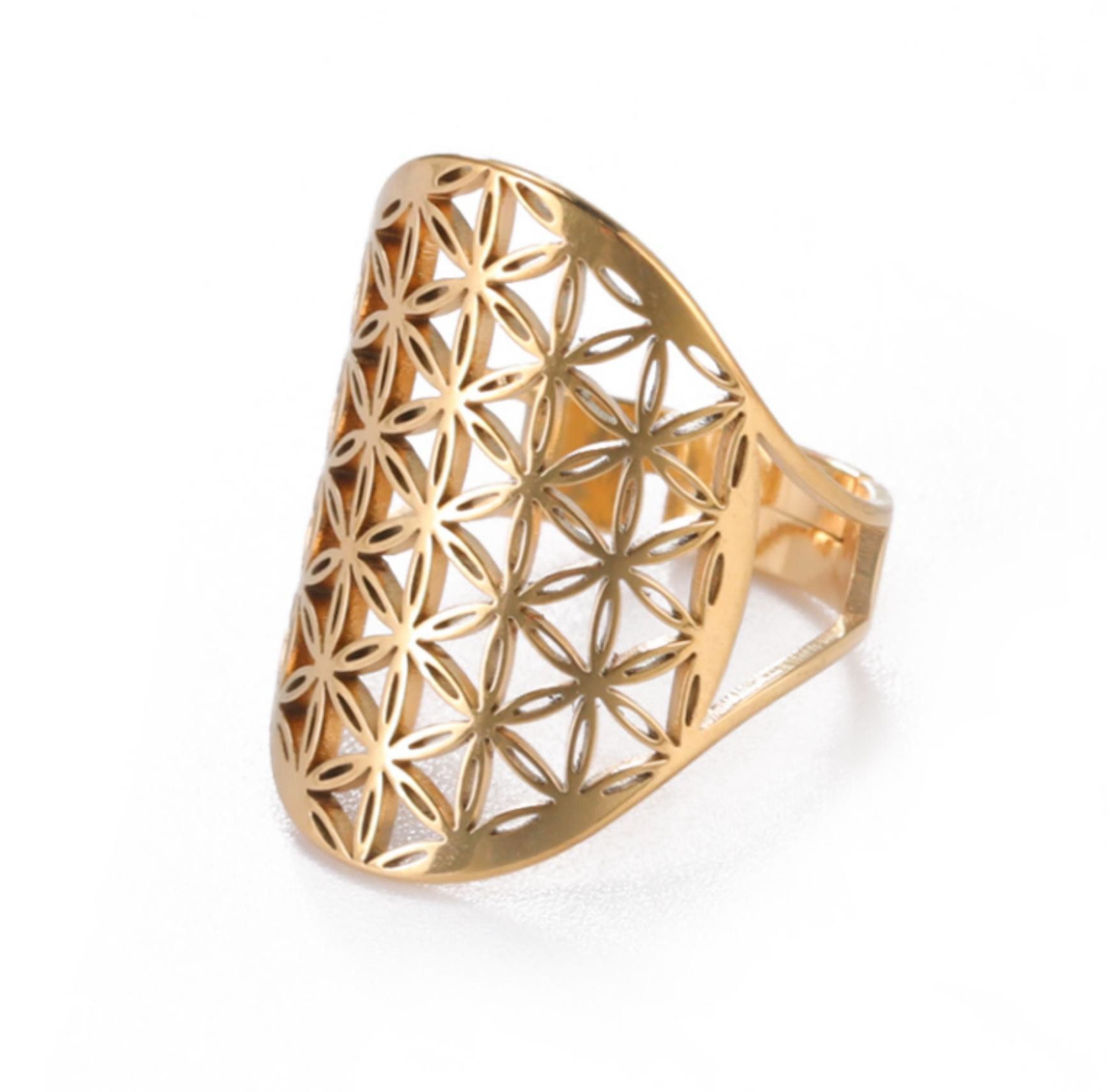 Saraswati Fingerring Ring "Blume des Lebens" Edelstahl vergoldet offen verstellbar (kleinst