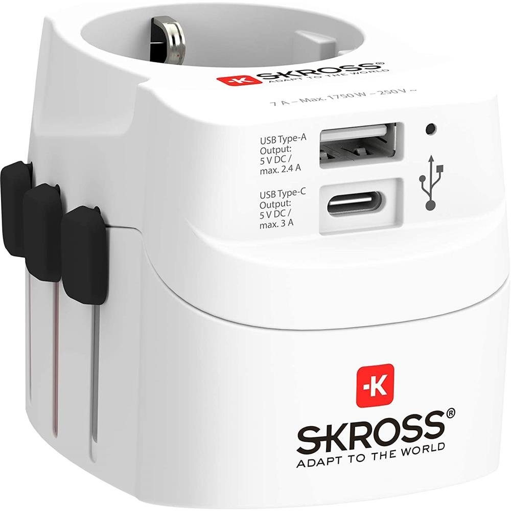 SKROSS "PRO Light USB" (A/C) Reiseadapter A, B, C, E, F, G, I, J, L, N zu B, E, F, G, I, 1 cm, World Weiß Universal-Reisestecker mit USB