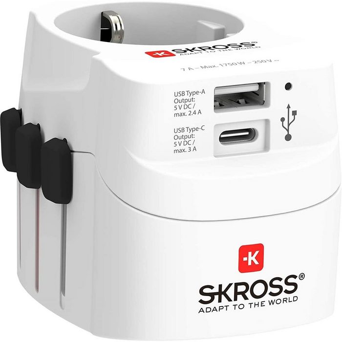 SKROSS "PRO Light USB" (A/C) Reiseadapter A B C E F G I J L N zu B E F G I 1 cm World Weiß Universal-Reisestecker mit USB
