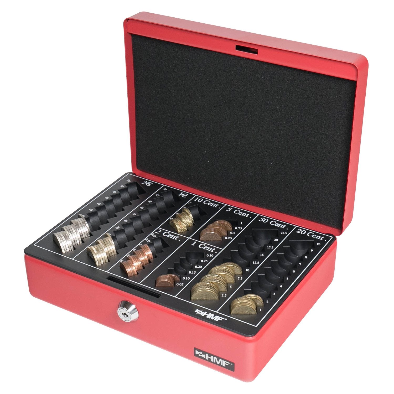 HMF Geldkassette Abschließbare Bargeldkasse mit Euro-Münzzählbrett, hochwertige Geldbox mit Schlüssel, 25 x 18 x 9 cm, rot – Bild 2 von 5