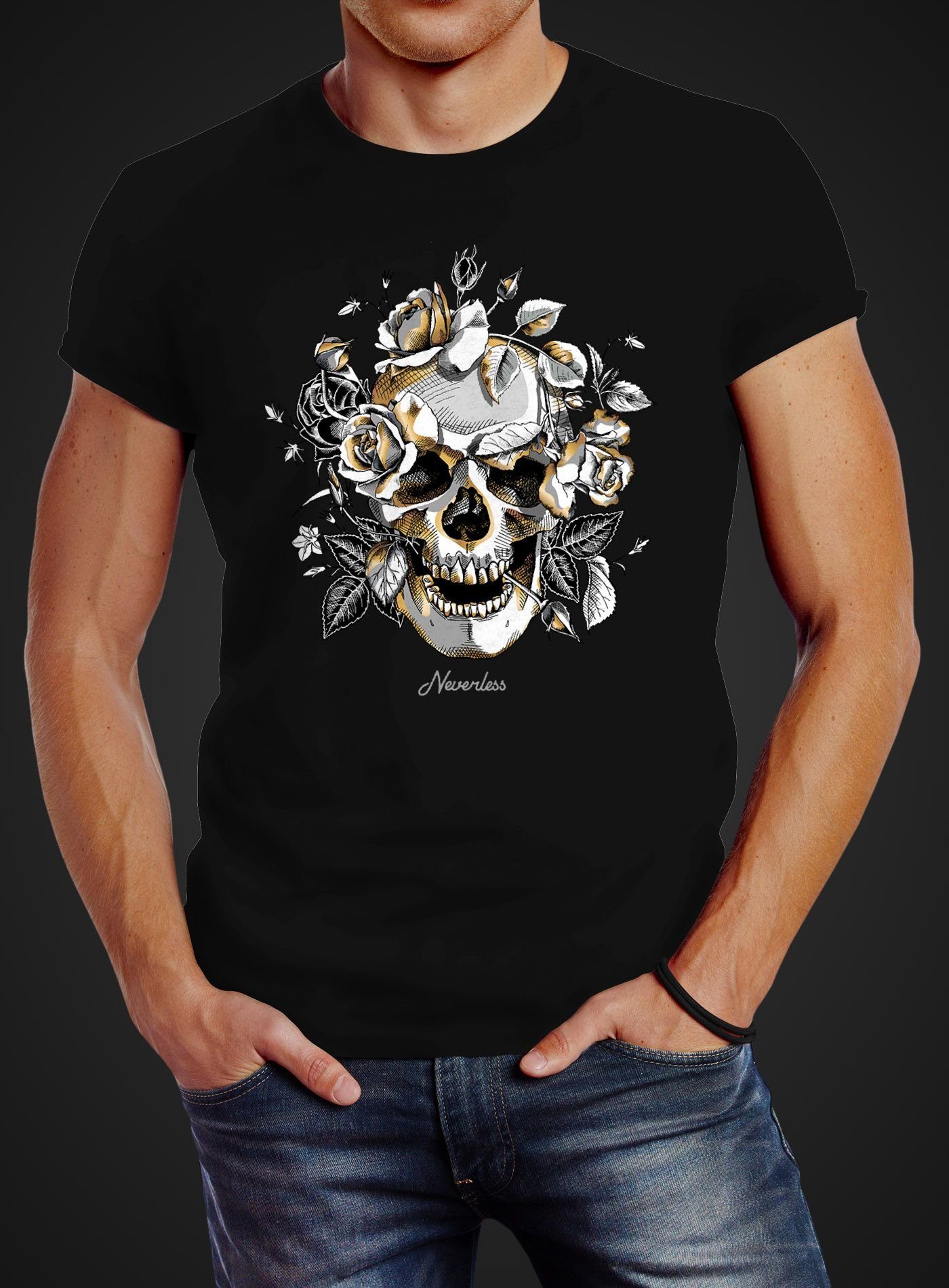 mit Print Skull Print-Shirt T-Shirt Neverless® Totenkopf Slim Neverless Fit Roses schwarz Schädel Herren Rosen