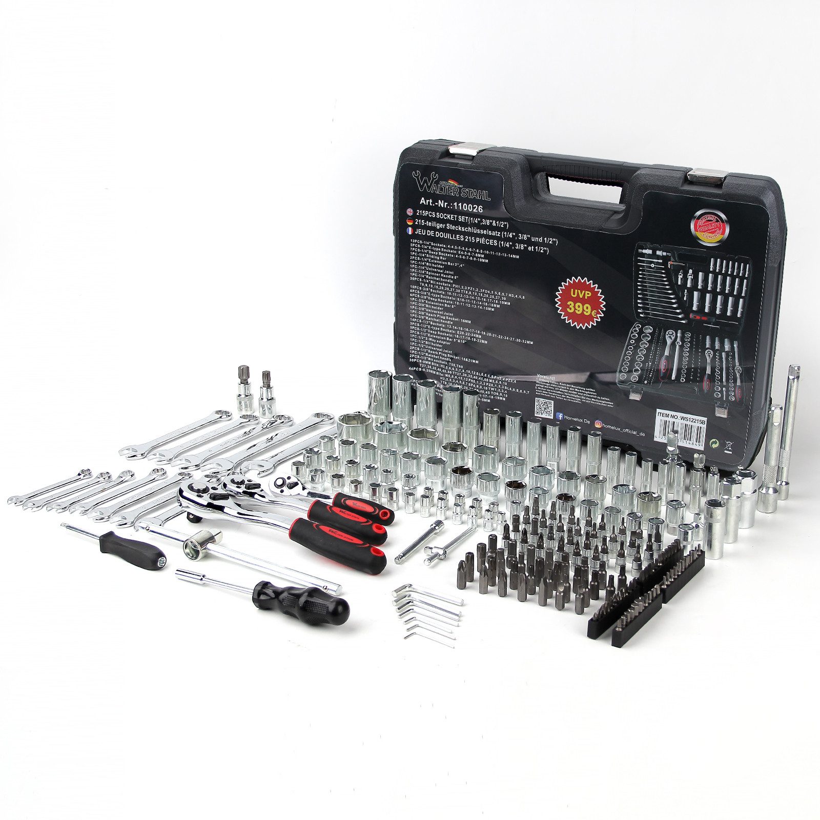 Walter Stahl Germany control Steckschlüssel 108/172/215-tlg Ratschenkasten, 1/4″+3/8″+1/2″ Steckschlüssel-Satz (Packung, 215 St., 108/172/215-tlg), Cr-V Ratschenschlüssel Set