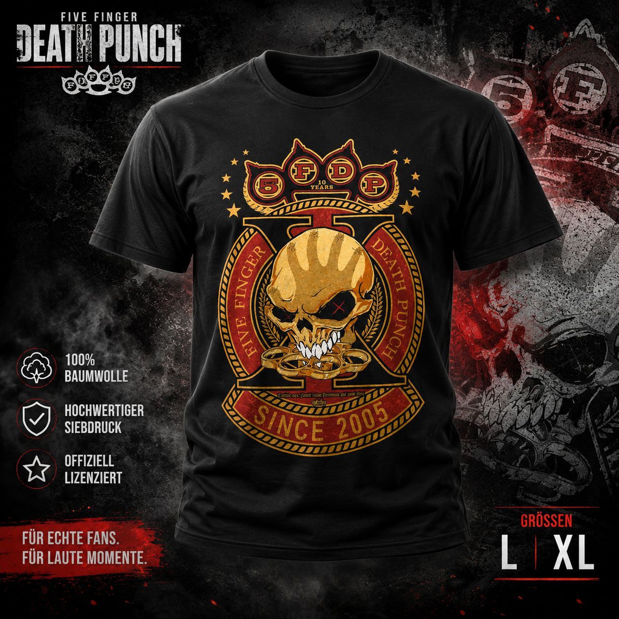 Bravado Print-Shirt Five Finger Death Punch Herren T-Shirt Skull Schwarz Vintage L XL World Tour 2026 Legacy