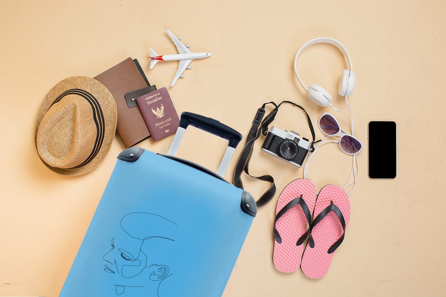 4 Reisetasche für Mann, Rollen, Gesicht - Reisekoffer Ferien, MuchoWow - rollen, Trolley, Handgepäck mit Handgepäckkoffer Strichzeichnung