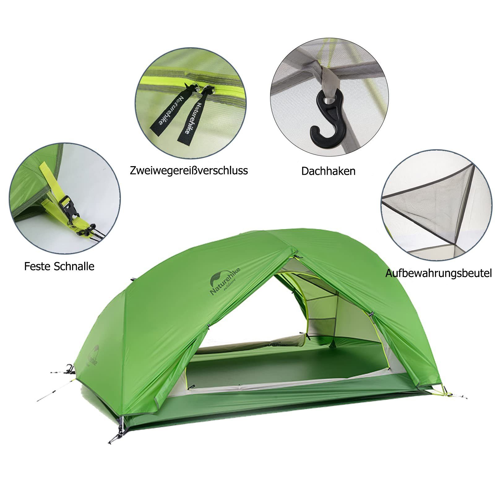 Naturehike Kuppelzelt Wasserdicht Ultraleichtes Zelt für Camping Rucksackreisen und Klettern, Personen: 2, 210 x 85 x 95 cm