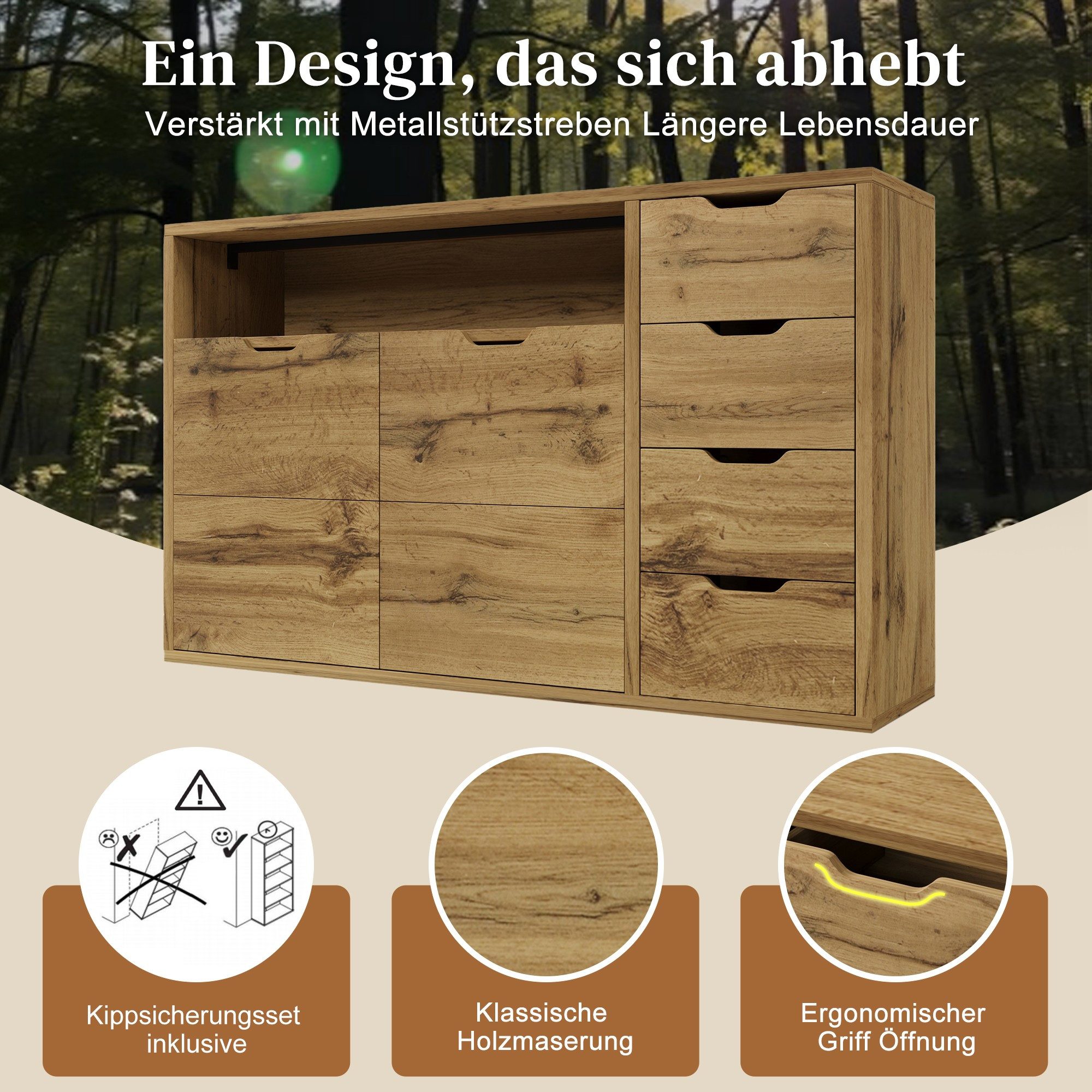 BlingBin Sideboard Kommode in Eicheoptik mit 4 Schubladen und 2 Türen (Aufbewahrungsschrank, 1 St., 150x40x90 cm mit offenem Fach, höhenverstellbaren Einlegeböden), Softclose‑Metallscharniere und Kippsicherung, für Wohnraum und Flur