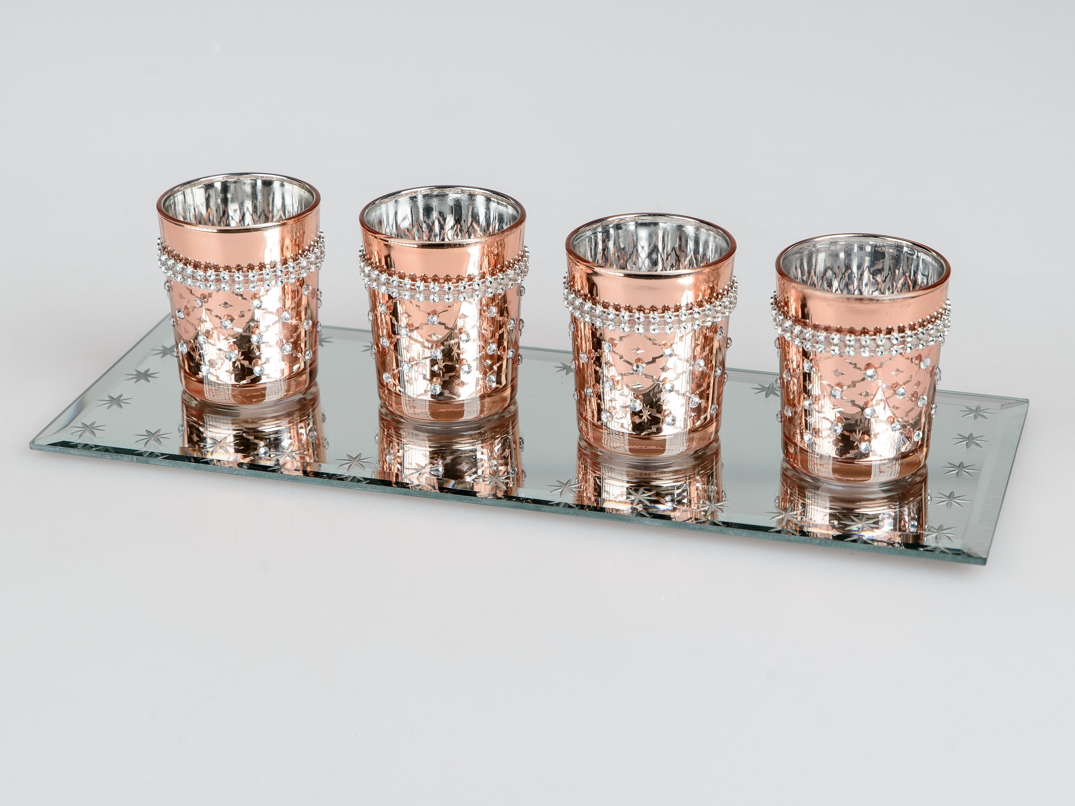 formano Teelichthalter mit Tablett Spiegelplatte mit 4 Teelichtgläsern in Roségold, Strass, 32x11x8 cm