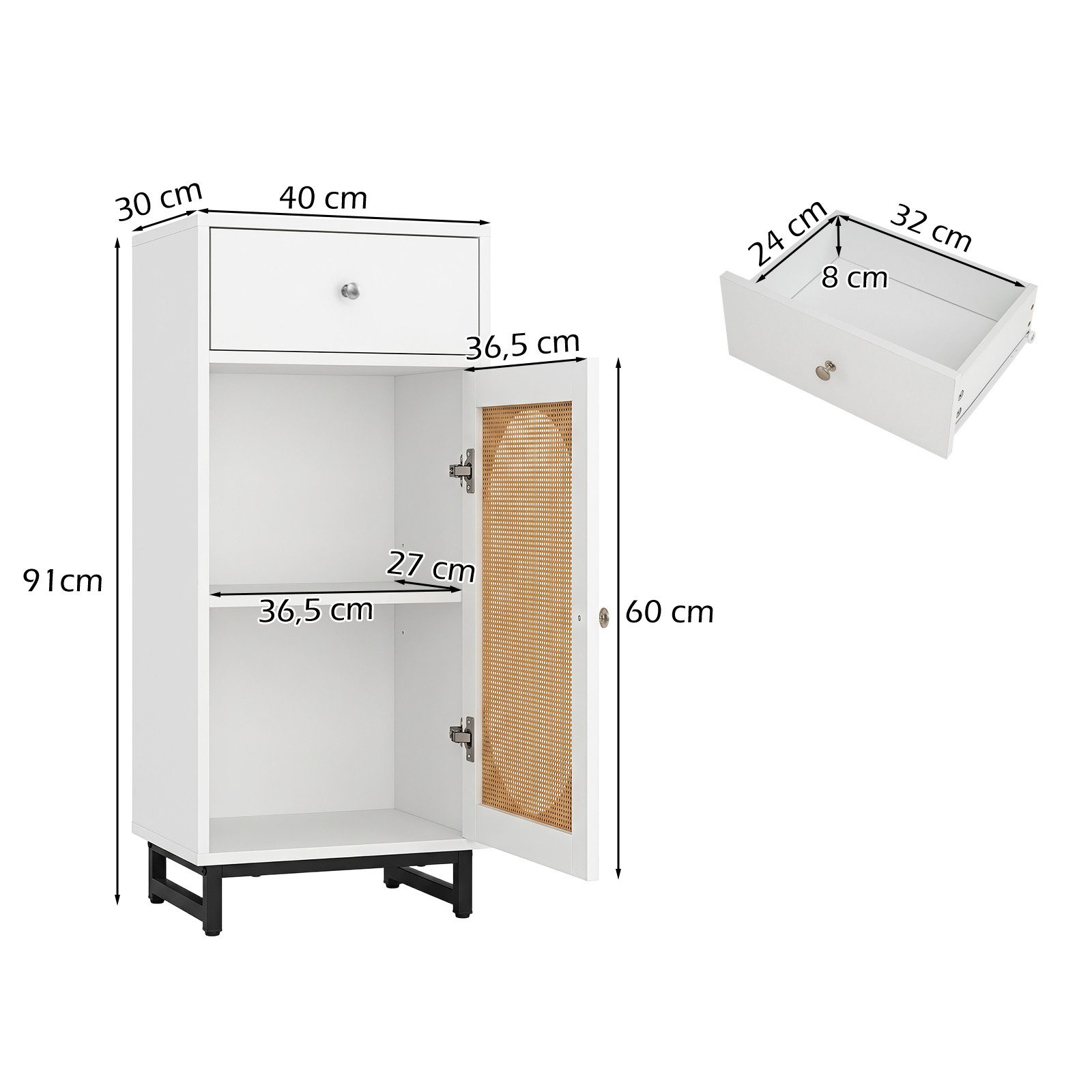 COSTWAY Kommode, Standschrank mit Schublade, Tür aus PE-Rattan weiß