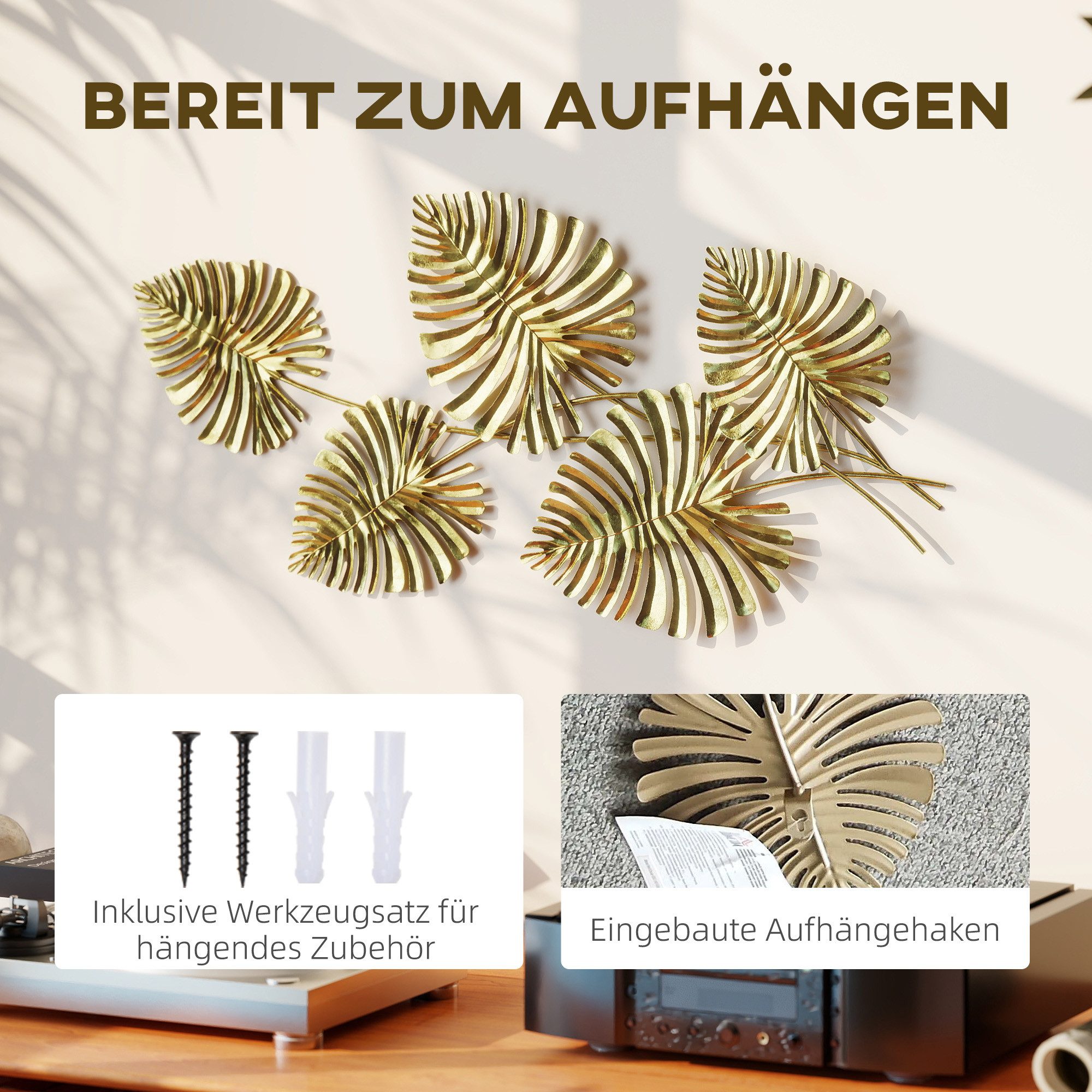 HOMCOM Wandbild Wanddeko Metallbild mit handaufgetragener Folie Wohnzimmer-Kunst, Monstera-Blätter (Wandskulptur, 1 St), für Schlafzimmer – Bild 5 von 5