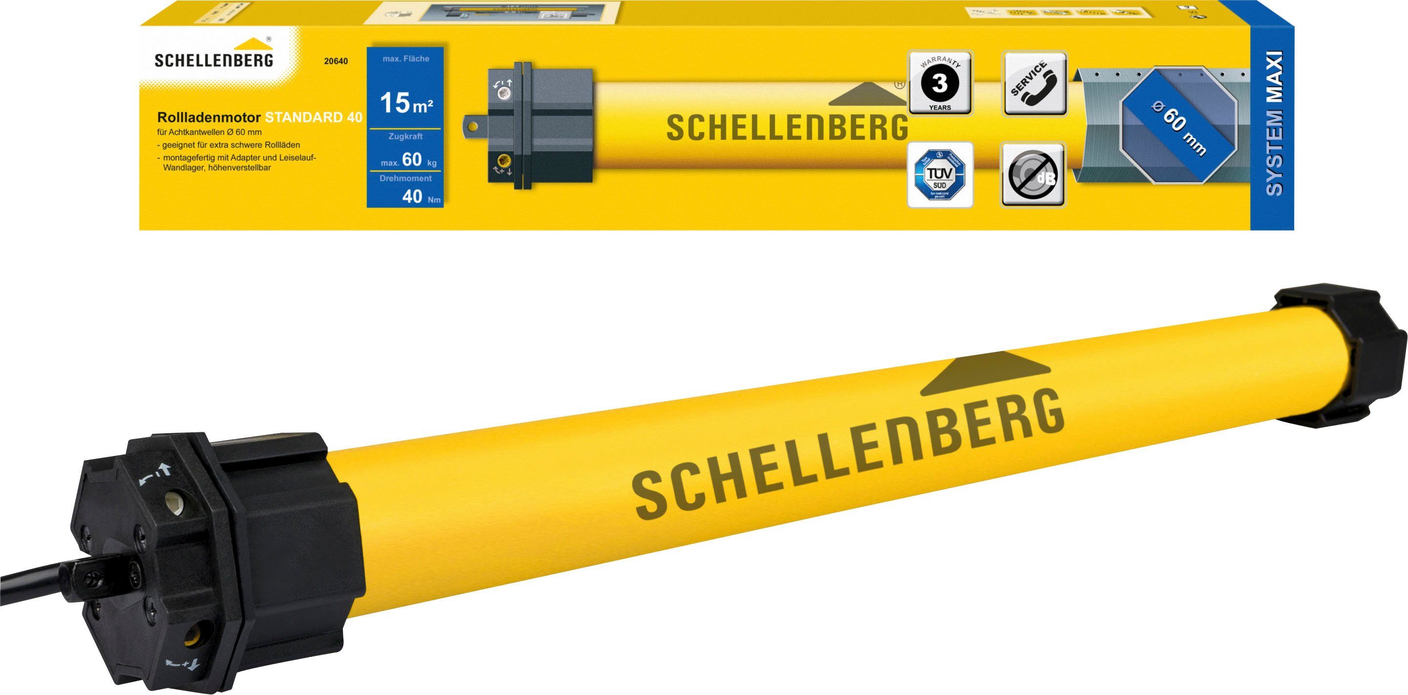 SCHELLENBERG Rollladenmotor Standard, Rohrmotor mit mechanischer Endlageneinstellung, geeignet für 40 mm Rollladenwelle, Maxi, 40 Nm, Zugkraft 60 kg