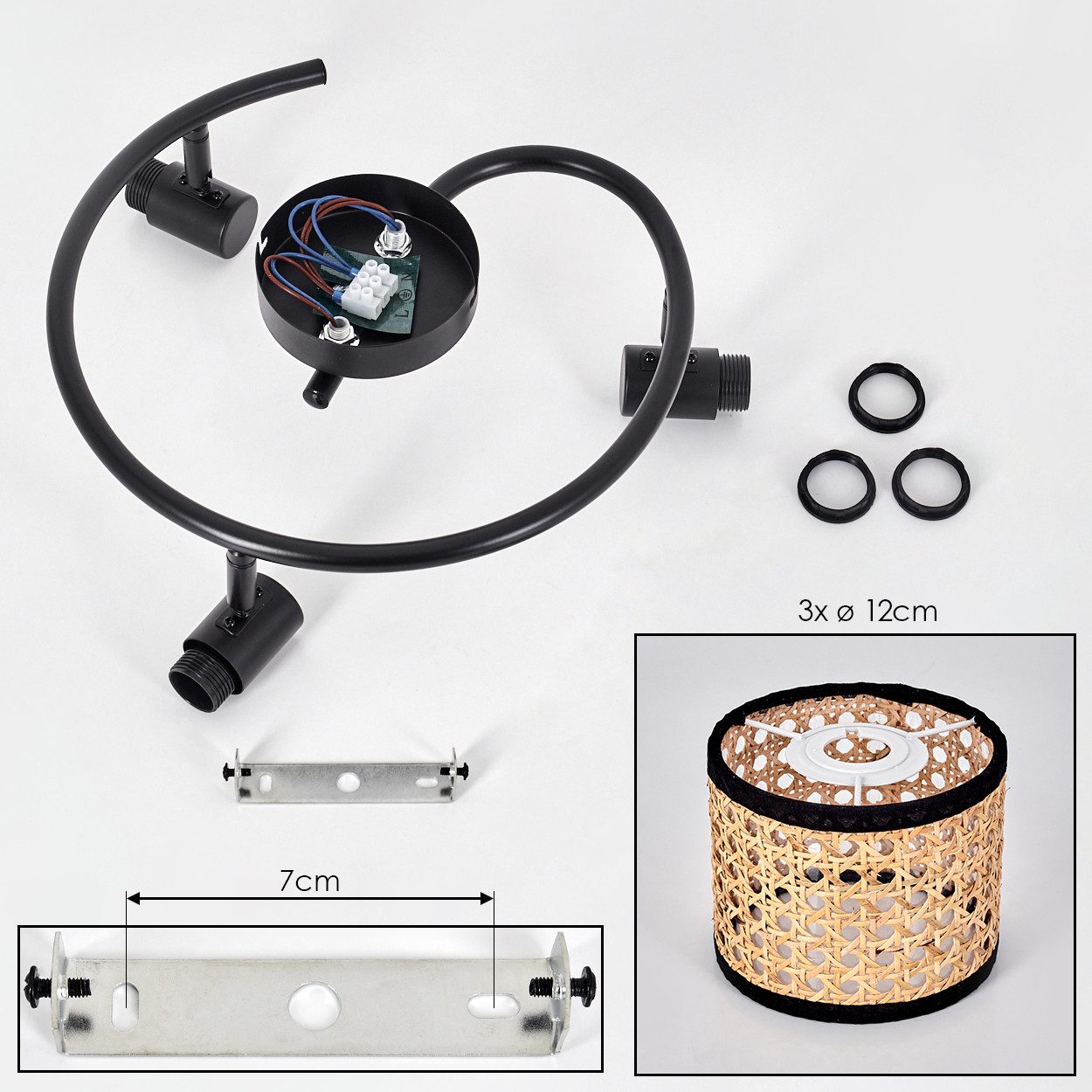 hofstein Deckenleuchte moderne Deckenlampe aus Metall/Rattan/Wiener Geflecht in Schwarz/Natur, ohne Leuchtmittel, mit verstellbaren Strahlern, runde Leuchte, 3  – Bild 5 von 5