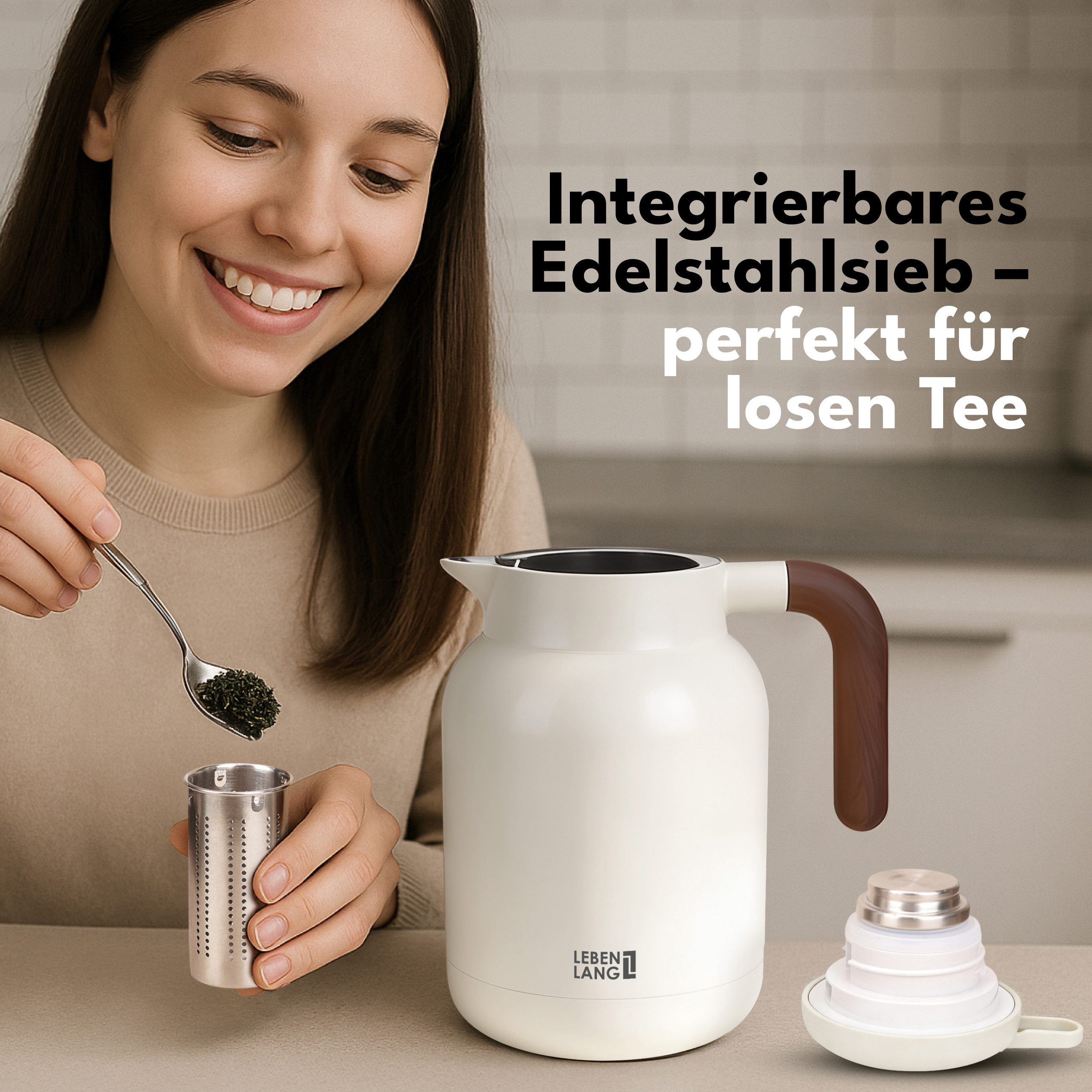 Lebenlang Isolierkanne 1,5L Thermoskanne inkl. Teesieb - Kaffee & Tee - Heiß & Kalt, 1.5 l, Innenwand aus Keramikbeschichtung, Auslaufsicher, Drehdeckel