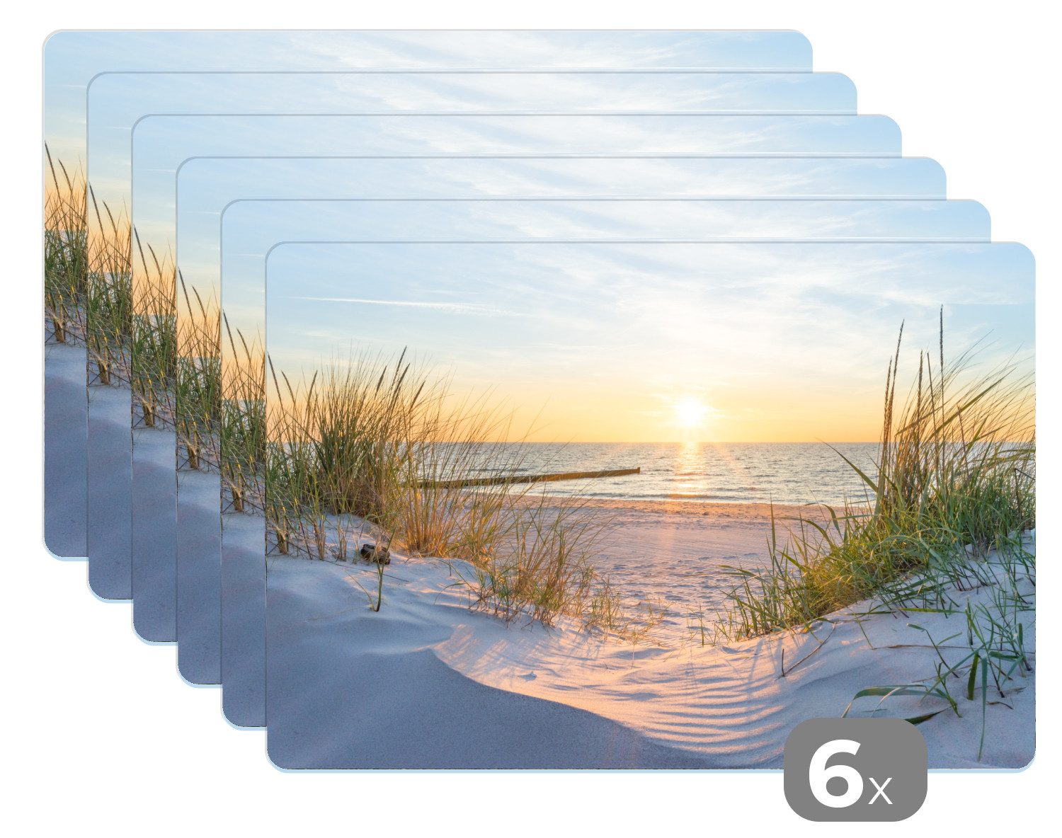 MuchoWow Platzset Strand - Sonne - Düne - Gras - Sand - Horizont, (6-St), Platzsets, Tischset, Abwaschbar, Tischsets, Platzdeckchen