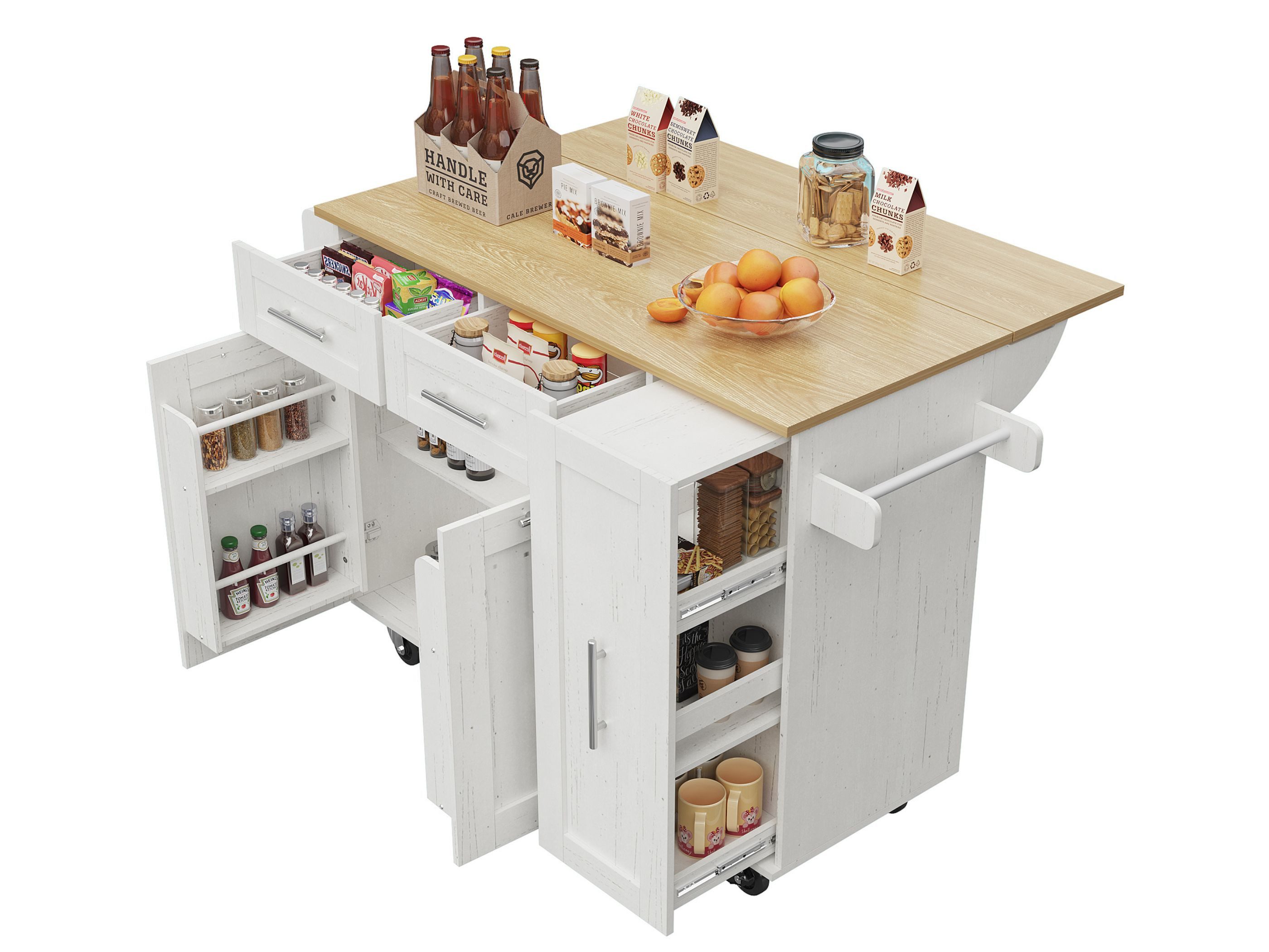 SeedWave Кухниinsel mit klappbarer Arbeitsplatte, verstellbaren Полки, Türablagen, Buffet-Schrank mit ausziehbarem Gewürzregal, 2 Schubladen