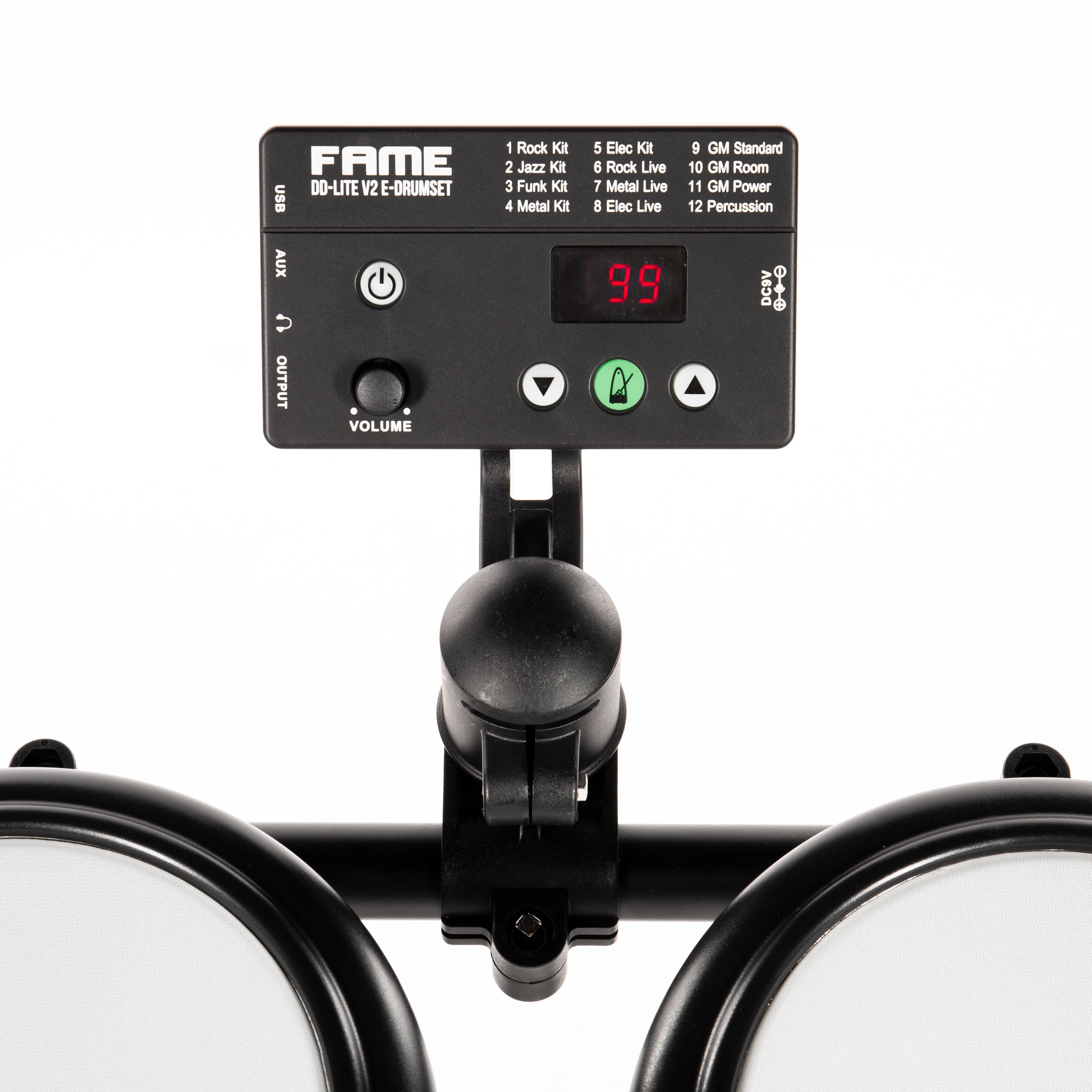 FAME E-Drum,DD-Lite V2 E-Drum Set Elektronisches Schlagzeug-Set mit 144 Sounds 12 Drumsets Aux-Eingang MIDI Drumsticks Drum Key Mesh Heads E-Schlagzeug Schwarz, E-Drums, E-Drum Sets, DD-Lite V2, E-Drum Set, Elektronisches Schlagzeug