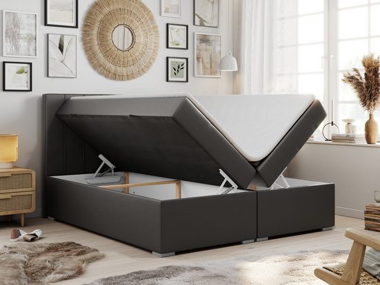 MKS MÖBEL Boxspringbett ALLY, Doppelbett mit Multipocket-Matratze, Praktisch Polsterbett 140x200 cm Grau