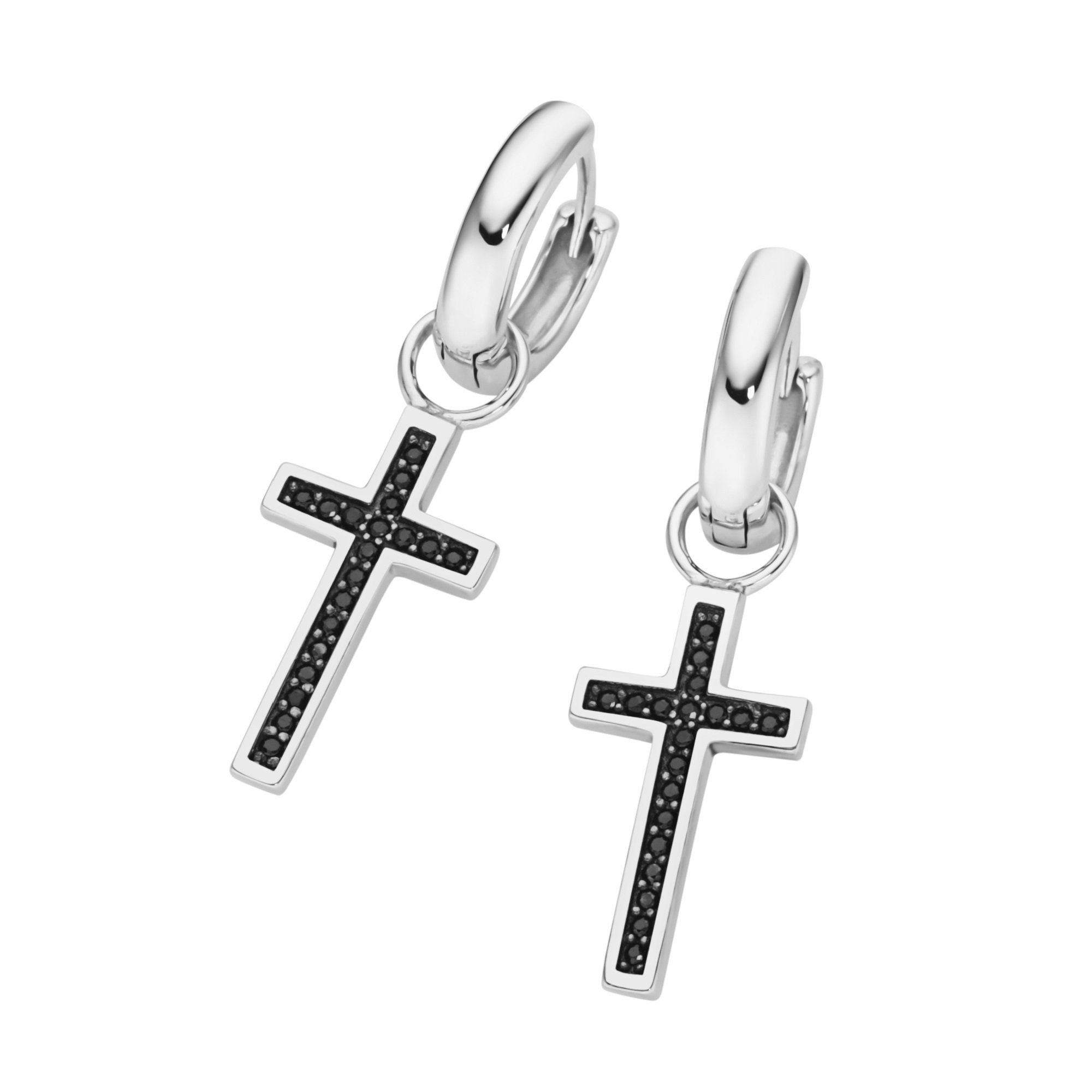 GIORGIO MARTELLO MILANO Paar Creolen Behang Kreuz, weiße Zirkonia oder schwarze Spinelle, Silber 925