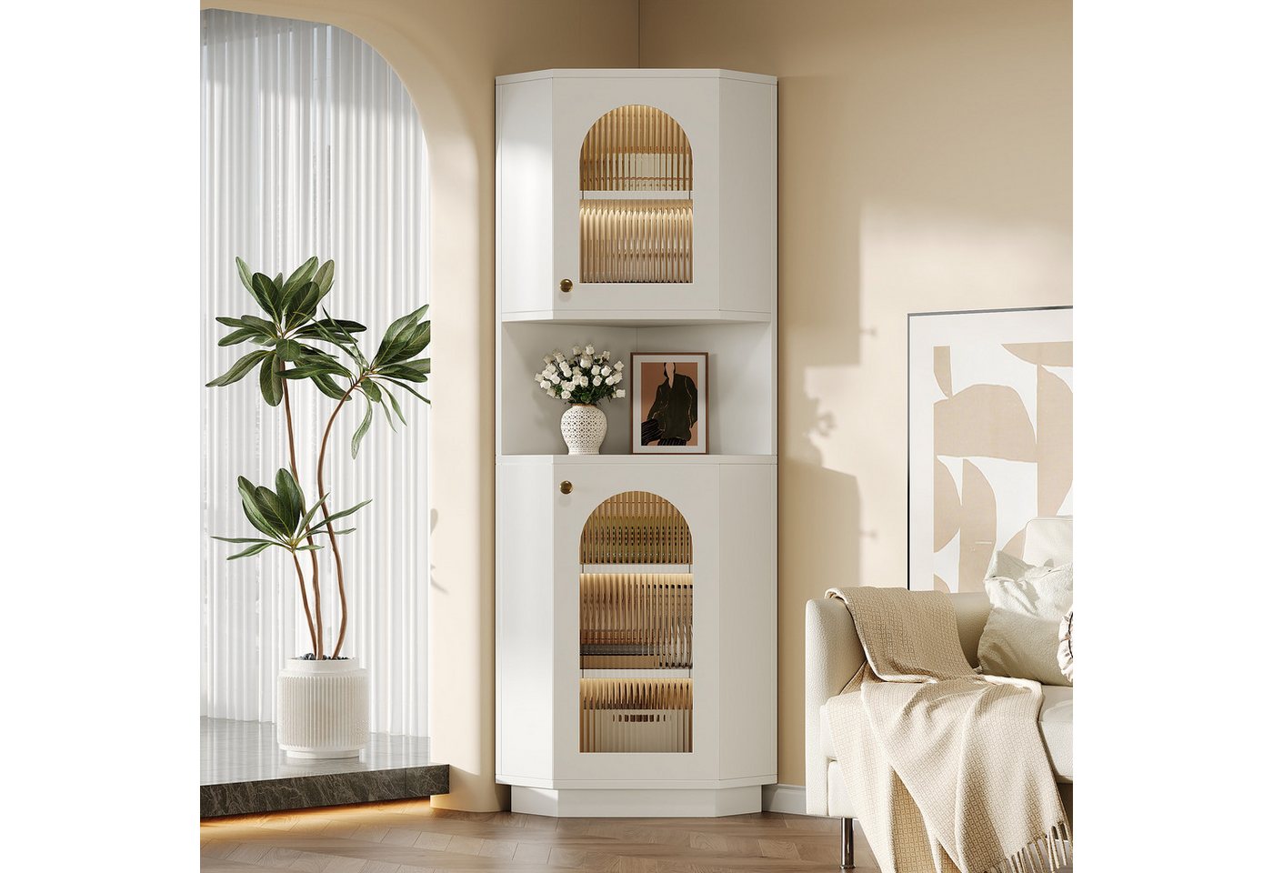 OKWISH Vitrine Regal 45x45x166,5 cm mit Lichtleiste und Kippschutz – weiß (Packung, 1-St., Eckschrank mit 5 Ablagefächern, 1 offenes Fach) Schrank mit Lichtleiste innen und modellierter Glastür.