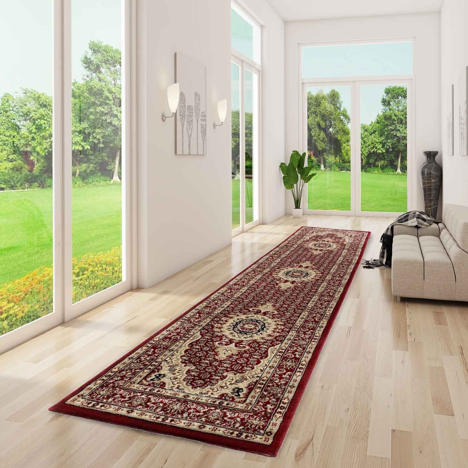 Vimoda Orientteppich Tibet, Klassisch Orient Teppich Wohnzimmer Stil Ornament Rot & Braun, Rechteckig, Höhe: 11 mm, Orient Läufer dicht gewebt in bester Qualität