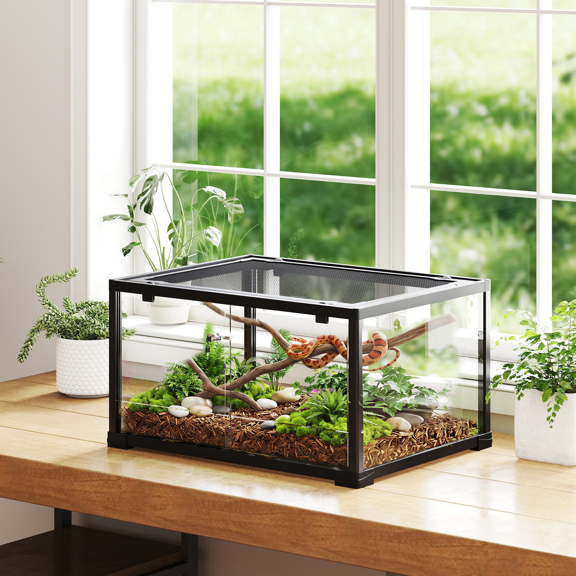PawHut Terrarium Glasterrarium Reptil Fütterungsbox mit Schiebetür, ausbruchsicher, 60 x 45 x 32 cm, Schwarz