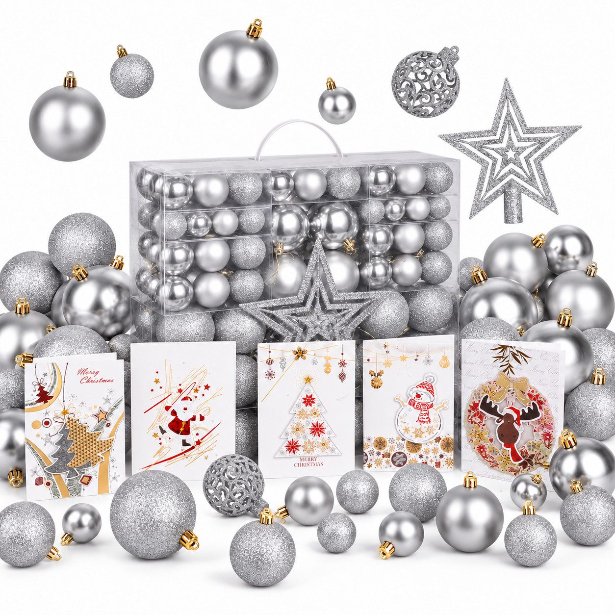 Onbest Weihnachtsbaumkugel Weihnachtskugeln 128-teiliges Set PLUS 5x Karten & 1x Baumspitze, in 3 Größen, 3 Designs, Weihnachtsschmuck Weihnachtsdeko