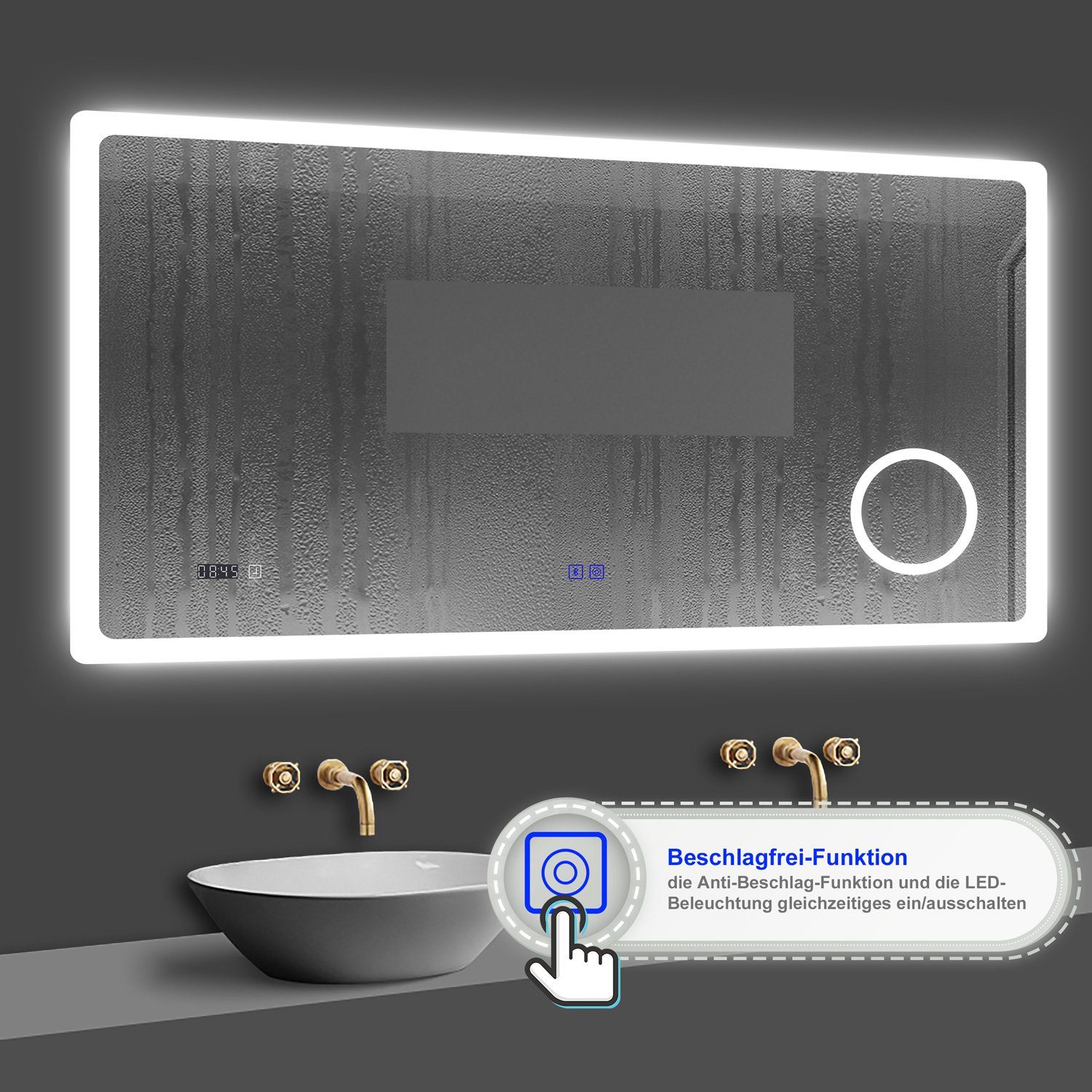 duschspa Badspiegel Kalt/Neutral/Warmweiß Spiegel mit LED Beleuchtung Dimmbar Beschlagfrei, Touch, Bluetooth 5.0, Schminkspiegel, Uhr