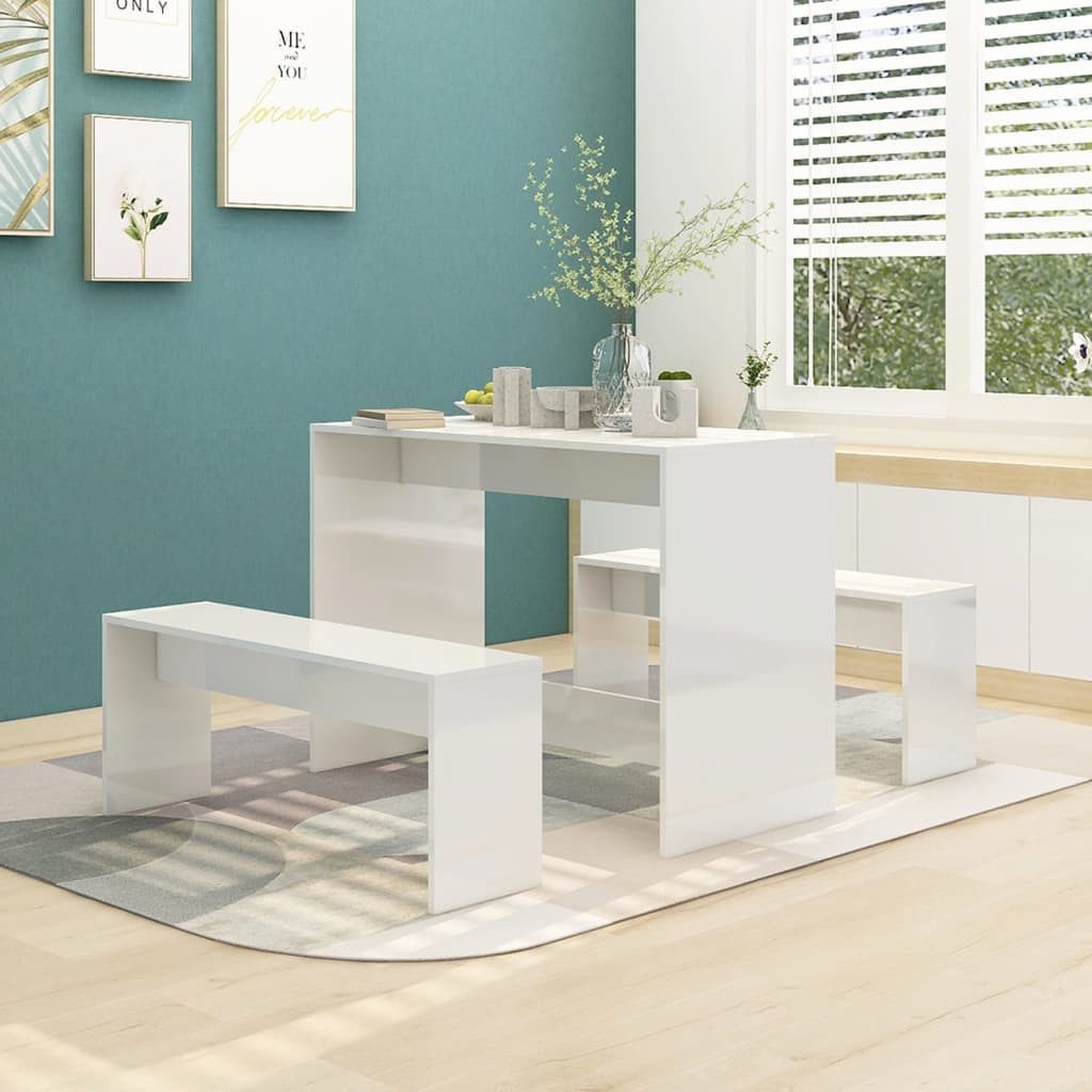 furnicato Essgruppe Holzwerkstoff Hochglanz-Weiß 102x50x75 cm Tisch & Bänke, (1-tlg)