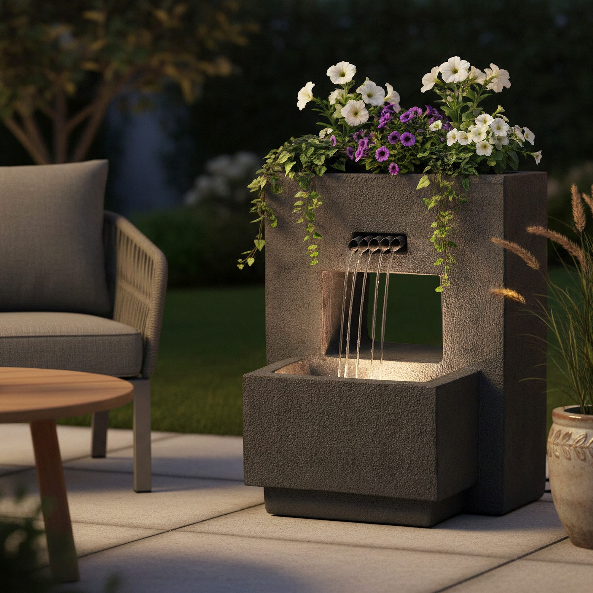 Arnusa Gartenbrunnen Springbrunnen mit LED Beleuchtung bepflanzbar 57x35x45 cm, Komplett-Set LED, Betonoptik – Bild 3 von 5