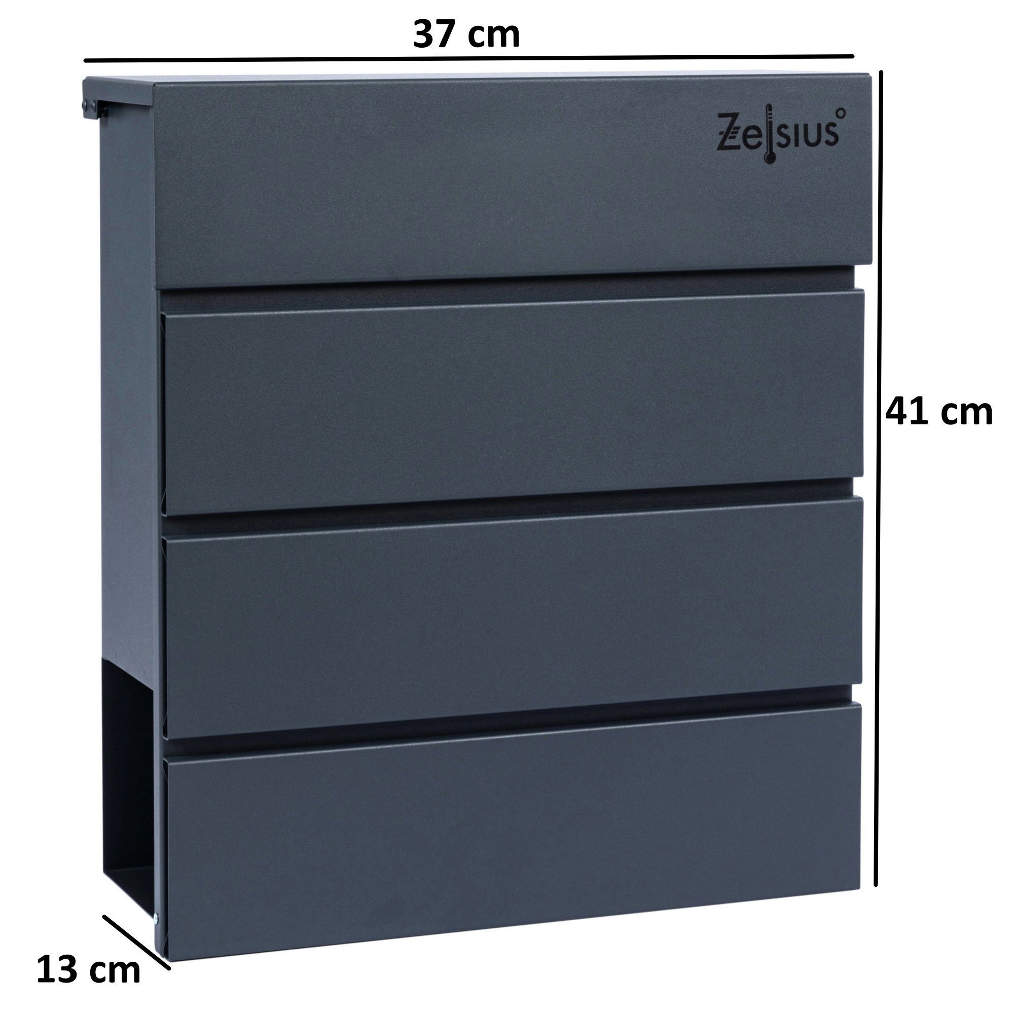 Zelsius Wandbriefkasten Briefkasten Straight mit Zeitungsfach, RAL7016 Anthrazit, Wandmontage, Integrierter Soft-Close Mechanismus, Absenkautomatik