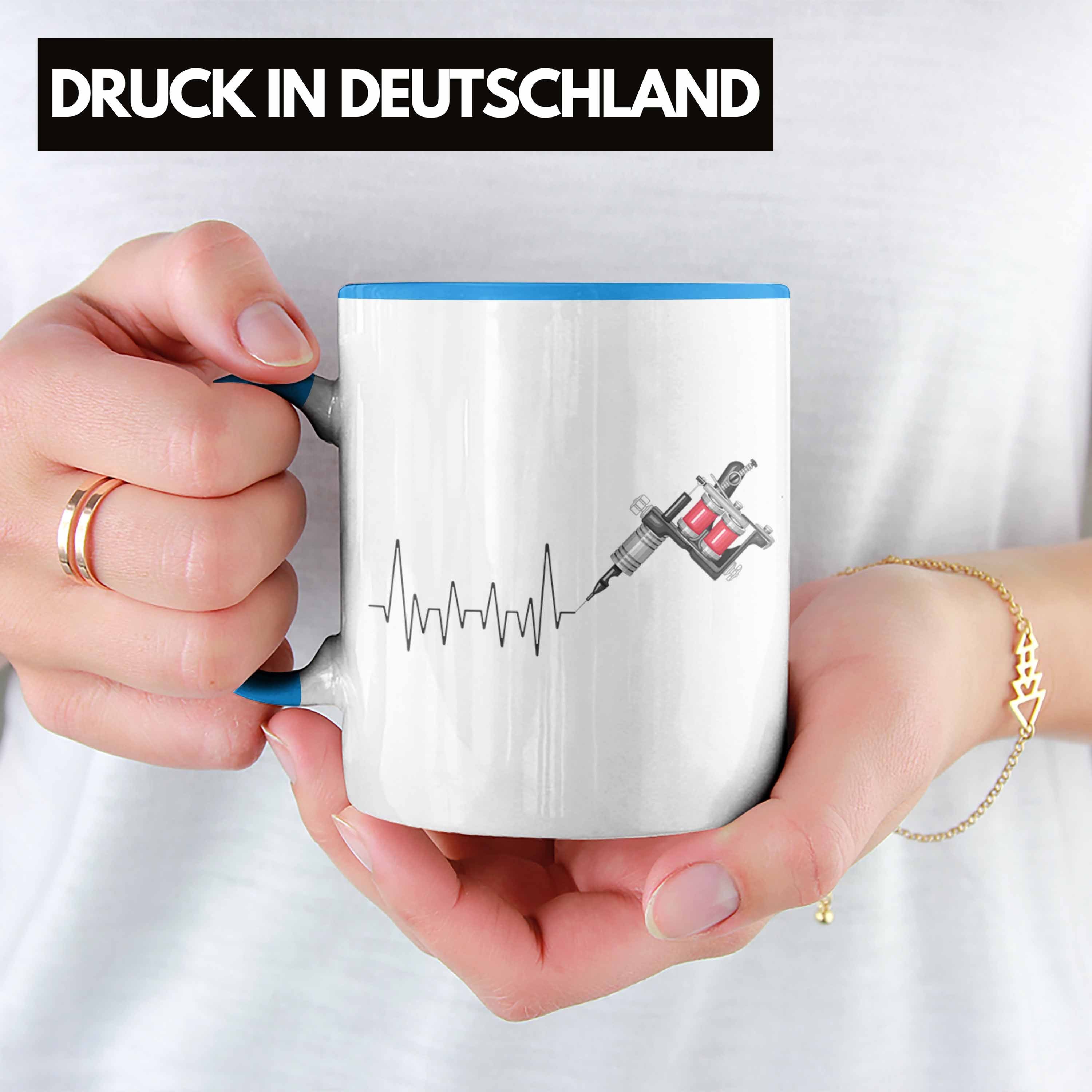 Geschenk Tasse Blau Tattoowierer Tasse Trendation Herzschlag Liebhan - für Trendation Tattoo