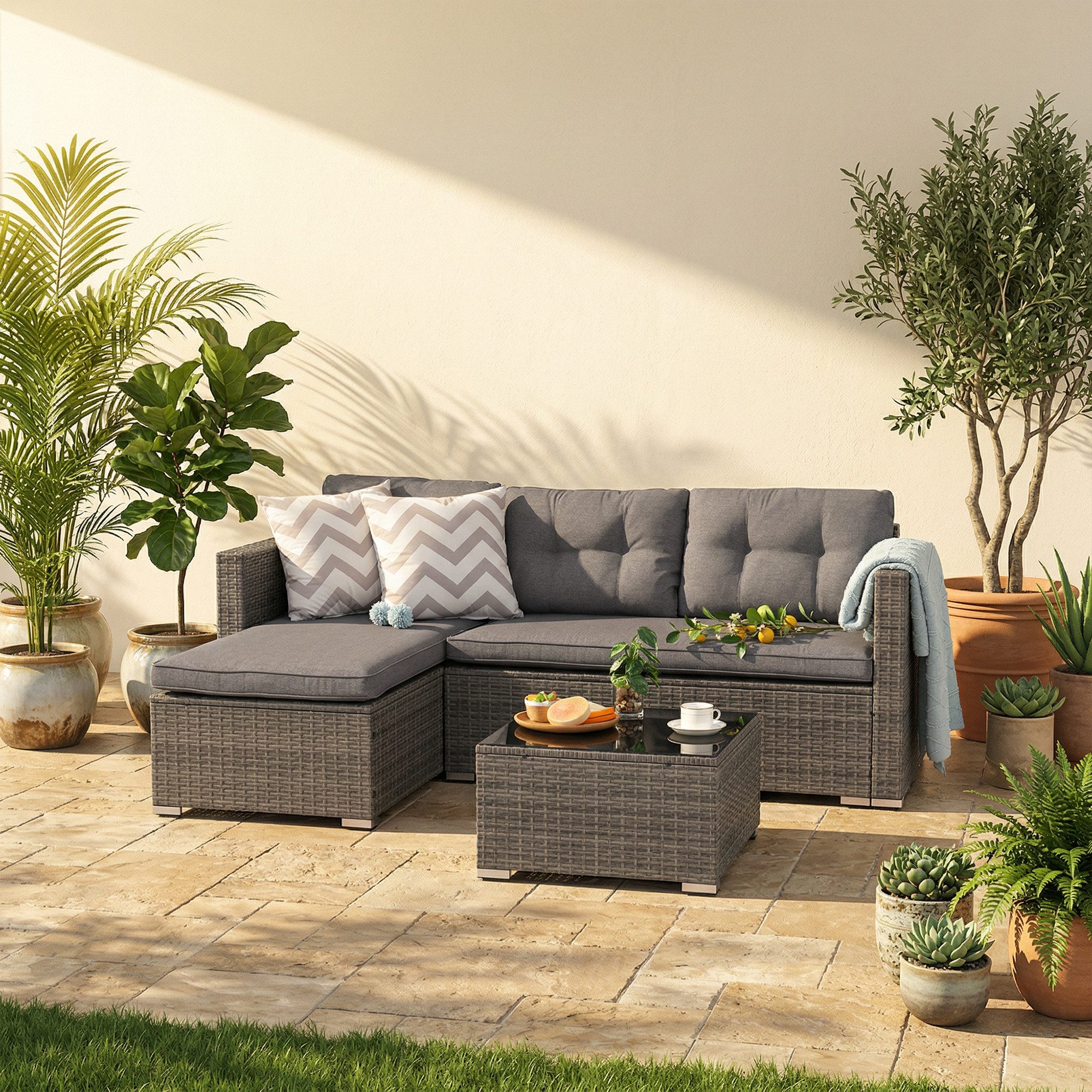 Sunsitt Gartenlounge-Set 3-tlg Gartenlounge Set, Gartensofa Set mit Couchtisch, (Outdoor Sitzgruppe für 3-4 Personen, Wetterfest&Stabil,Sitzecke für Garten, Terrasse, Hinterhof, Balkon), Grau Rattan&Grau Kissen