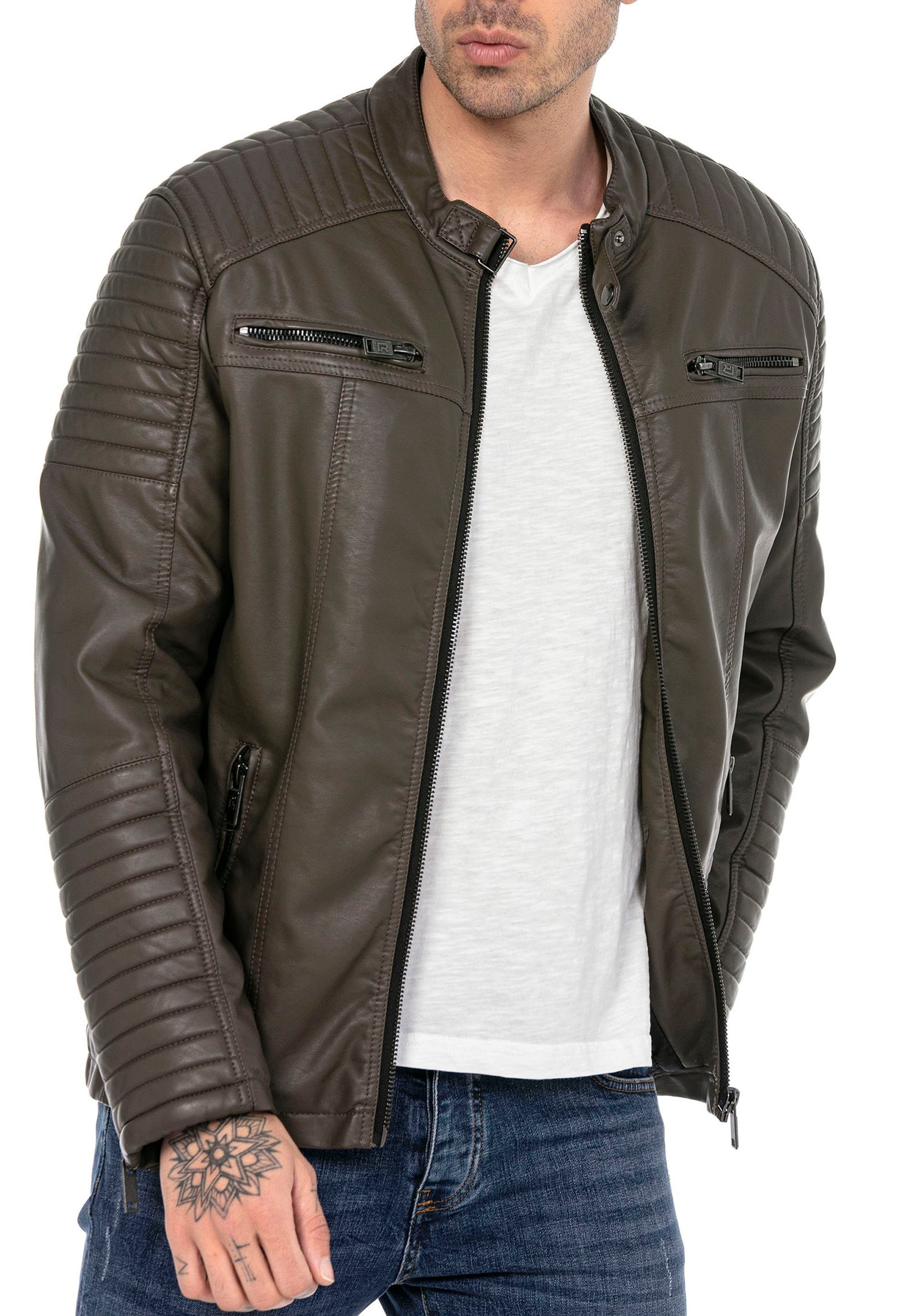 RedBridge Lederimitatjacke Urban Bikerjacke Steppjacke Kunstleder Khaki L