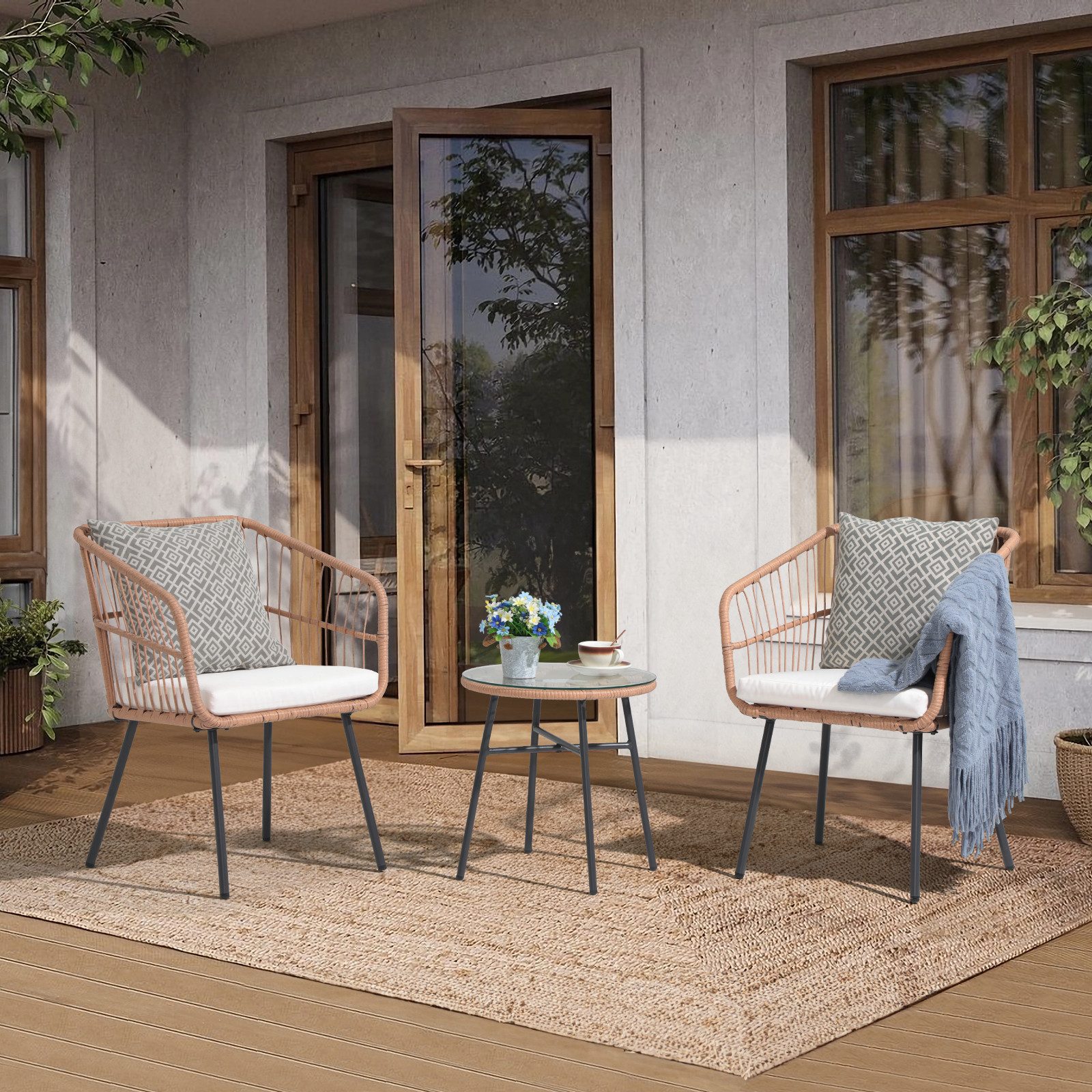 JOIVI Bistrostuhl Outdoor 3-tlg Bistro Set (Wetterfeste Rattan Gartensofa Set mit 2 Stühle und Beistelltisch), für Veranda, Garten, Balkon, Weiß(Kissen)