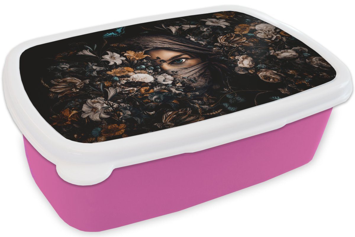 MuchoWow Brotbox - Snackbox, Lunchbox Porträt, Schmetterling rosa Frau Mädchen, (2-tlg), Blumen Kunststoff Kunststoff, - Kinder, Erwachsene, Brotdose - für Luxus -