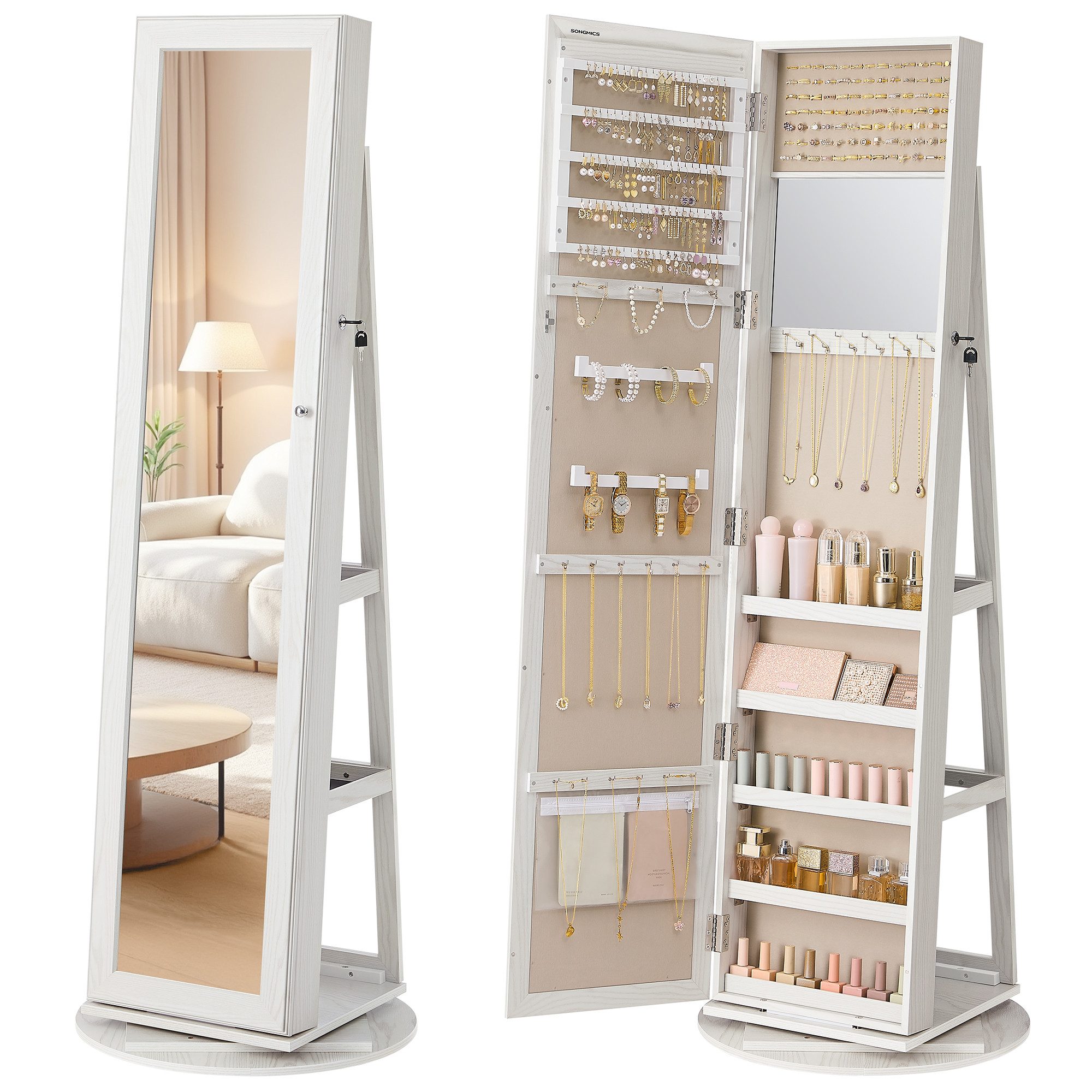 SONGMICS Schmuckschrank Spiegelschrank, mit Ganzkörperspiegel, um 360° drehbar, Geschenkidee Schmuckaufbewahrung, abschließbar, mit Schlüsseln, 54 x 54 x 161 cm